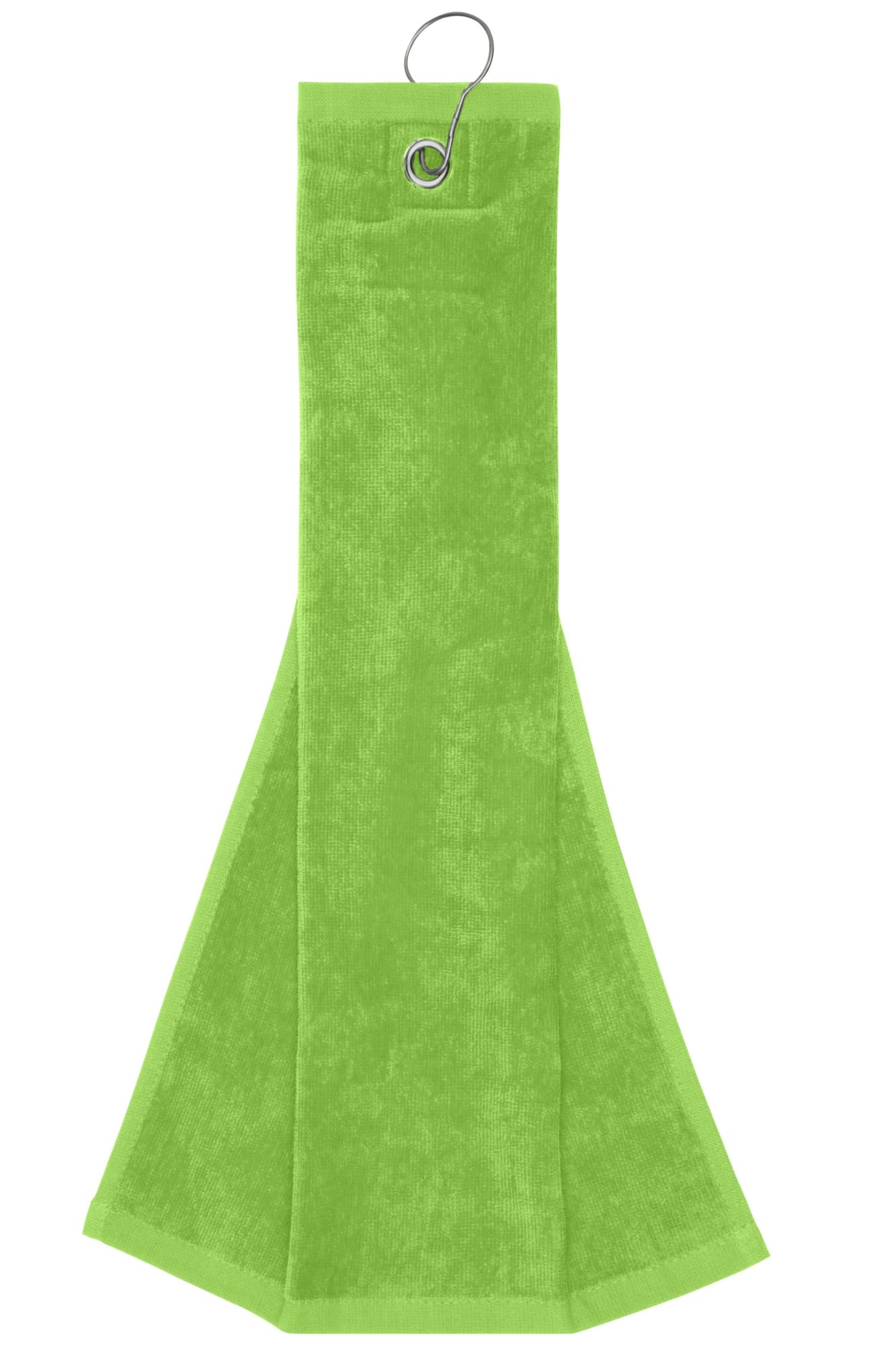 A bright green golf towel featuring a hook for easy attachment. Soft fabric designed for drying and cleaning. Golf Towel - Image 1