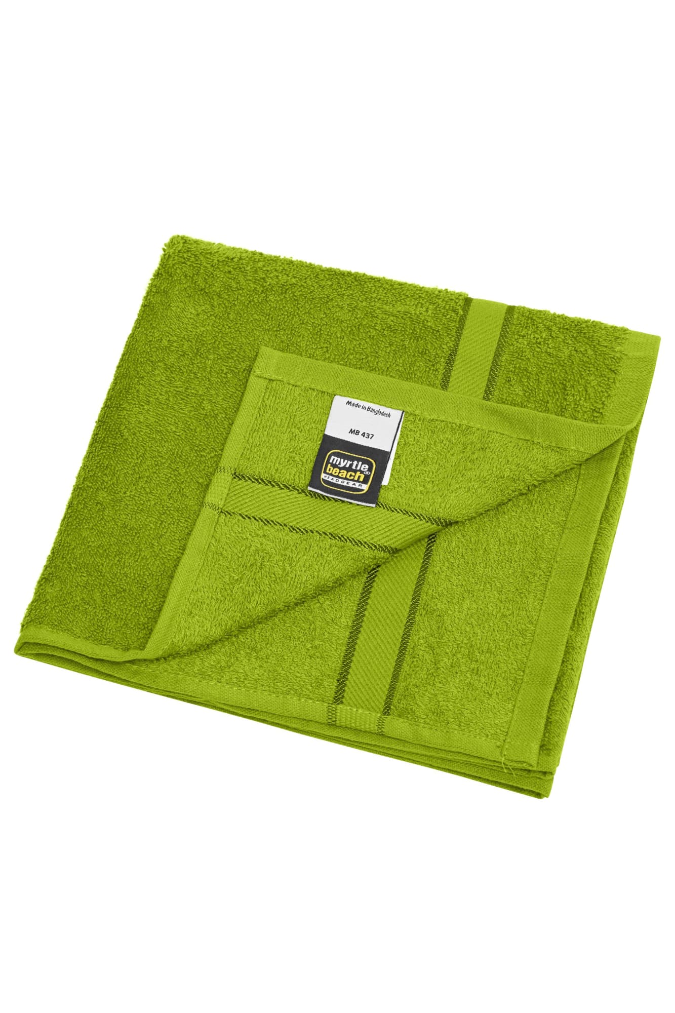 A vibrant green hand towel featuring a textured surface and a branded label. Hand Towel - Image 1