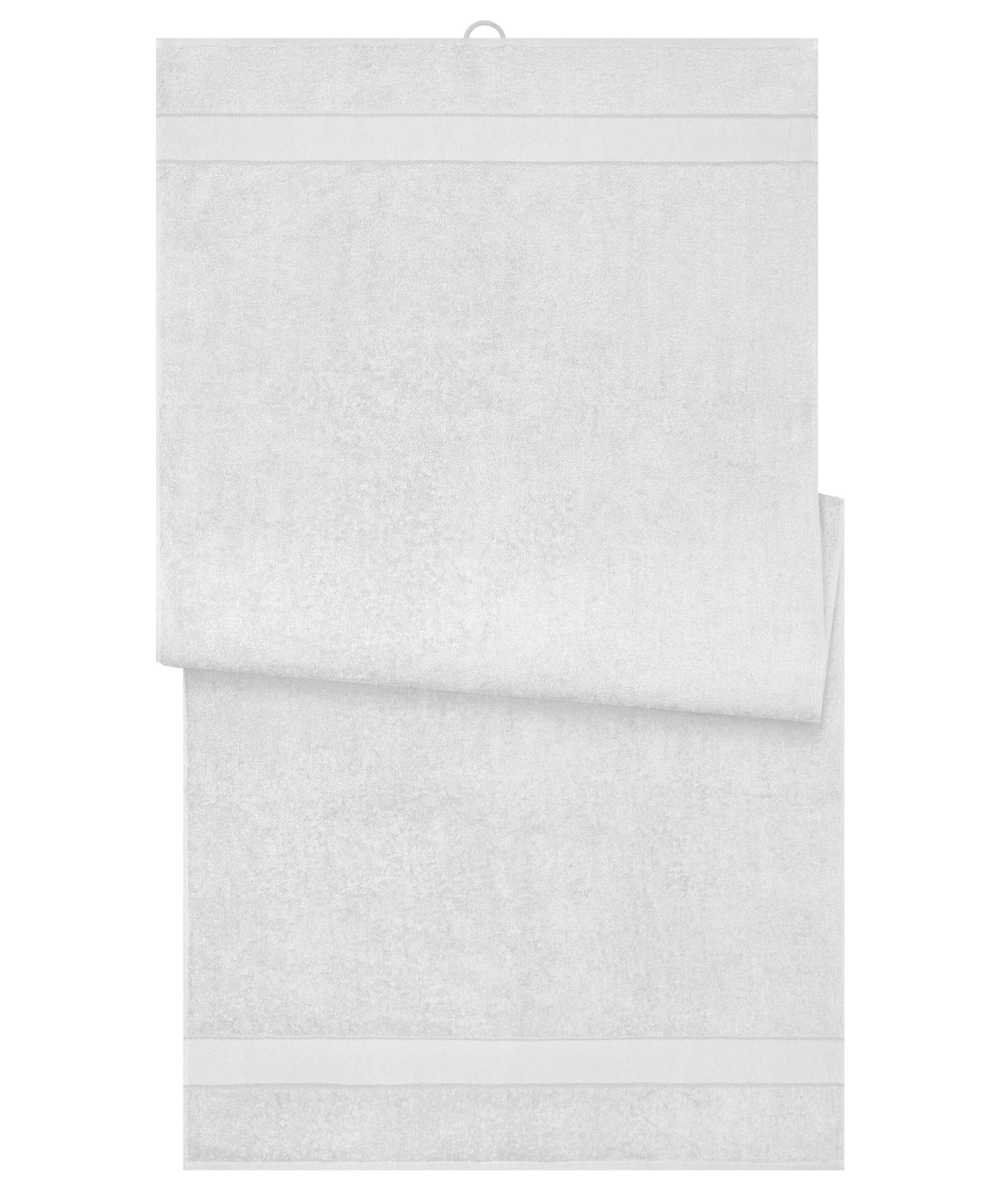 A white bath sheet with a textured design and hanging loop. It features two horizontal stripes near the edges. Bath Sheet - Image 1