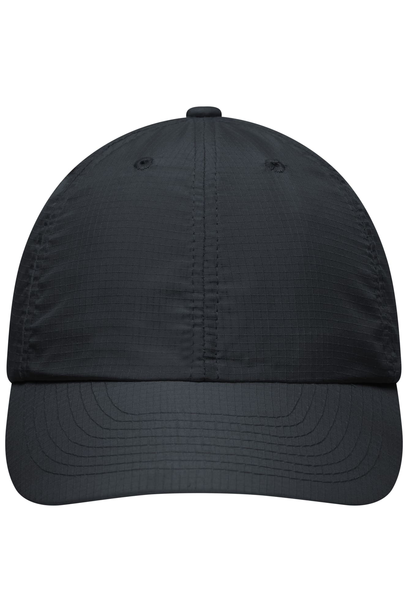 A black 6 Panel Coolmax® Cap featuring a structured design and a logo on the front. 6 Panel Coolmax® Cap - Image 1