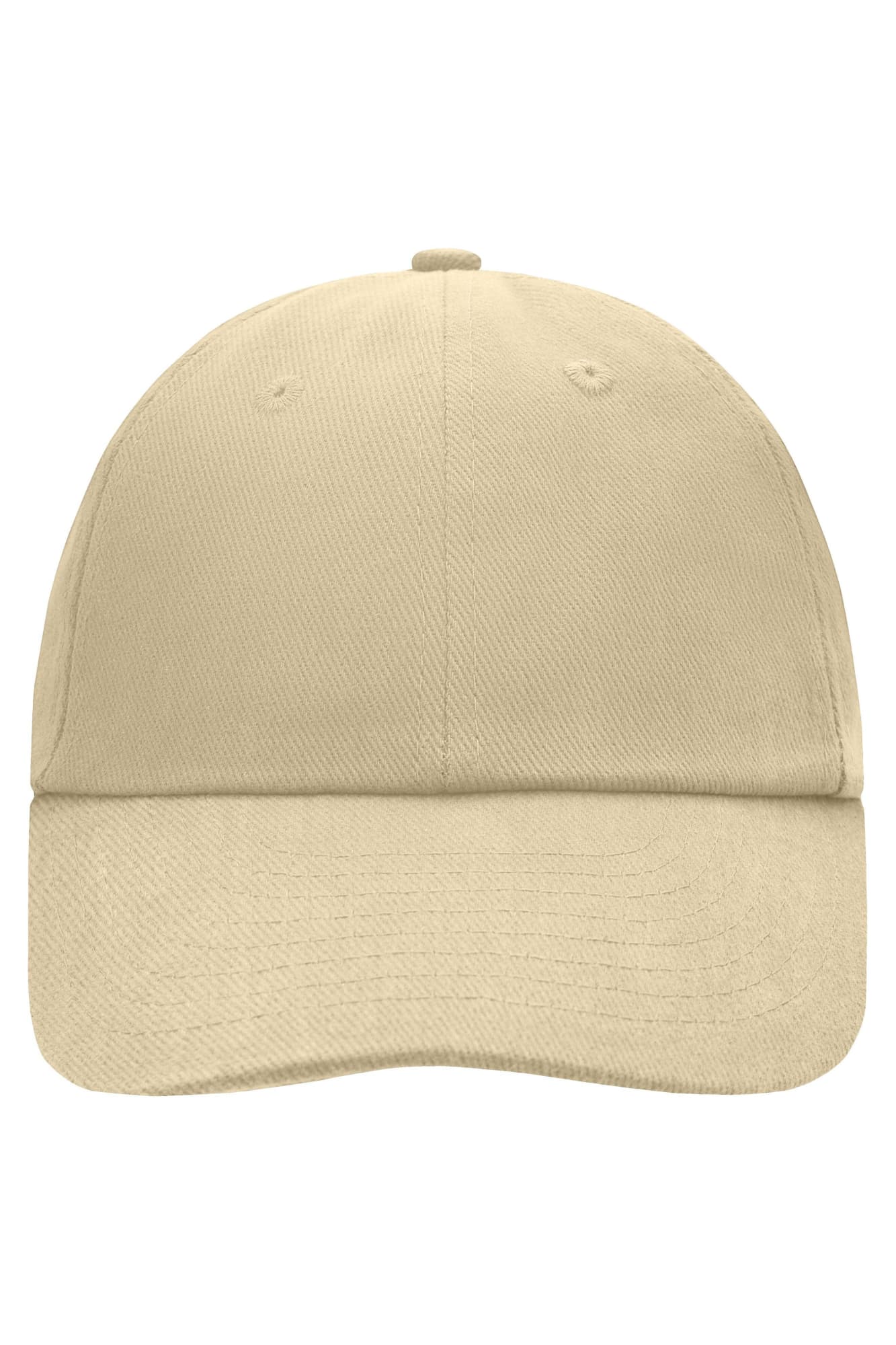 A beige 6 Panel Raver Cap featuring a curved brim and a logo on the front. 6 Panel Raver Cap - Image 1