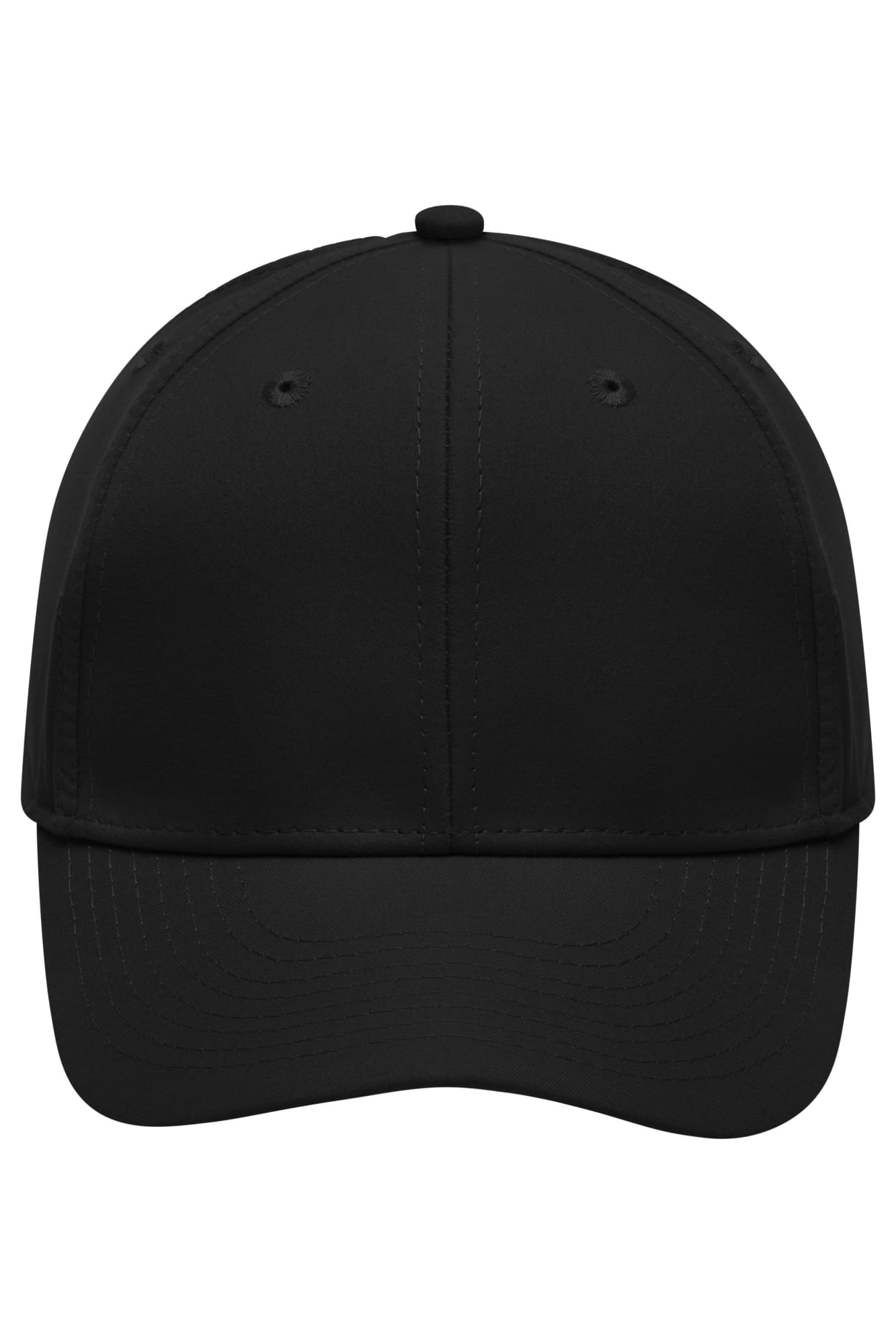 A black 6-panel polyester peach cap with stitched detailing and ventilation holes. It features a logo on the front. 6 Panel Polyester Peach Cap - Image 1