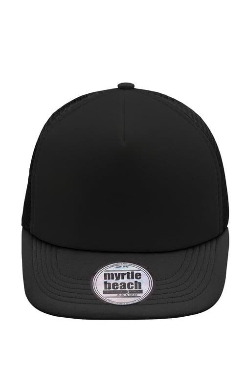 A black 5 Panel Flat Peak Cap featuring a branded logo on the front, with a smooth peak and mesh sides. 5 Panel Flat Peak Cap - Image 1