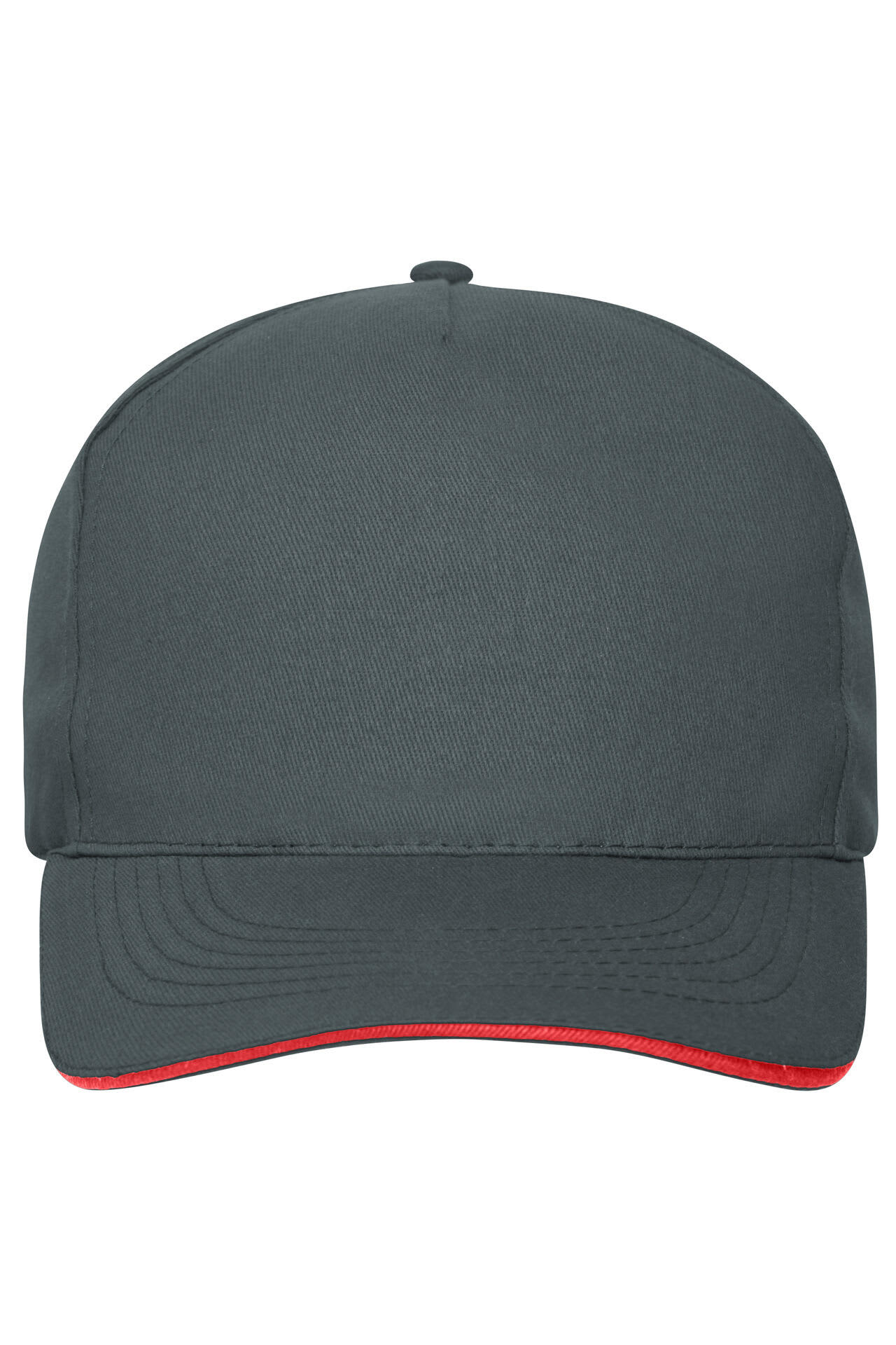 A grey 5 Panel Sandwich Cap with a red visor, made from organic cotton, featuring a logo on the front. 5 Panel Sandwich Cap Organic Cotton - Image 1
