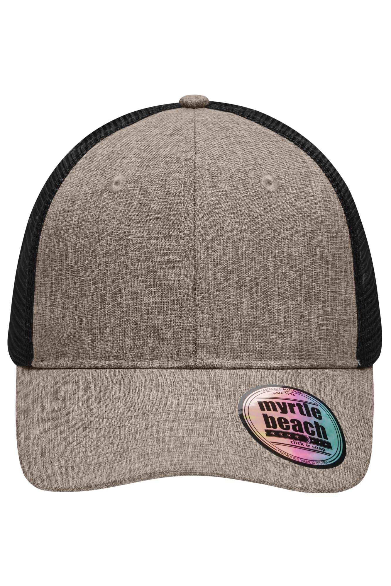 A tan 6-panel mesh trucker cap with a black mesh back and a round branding sticker on the brim. 6 Panel Mesh Trucker - Image 1