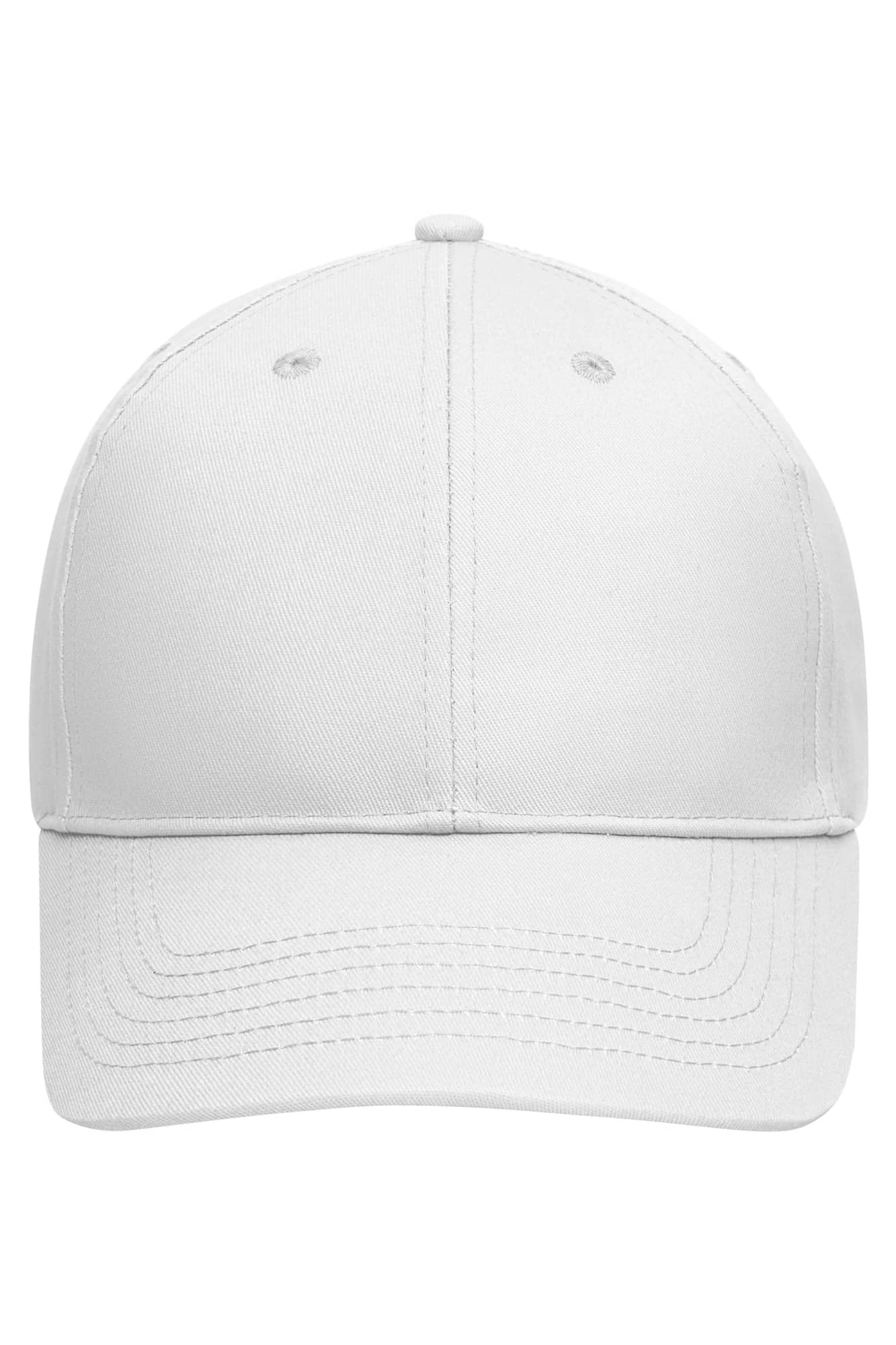A white six-panel cap made from bio cotton, featuring ventilation eyelets and a curved visor. 6 Panel Cap Bio Cotton - Image 1