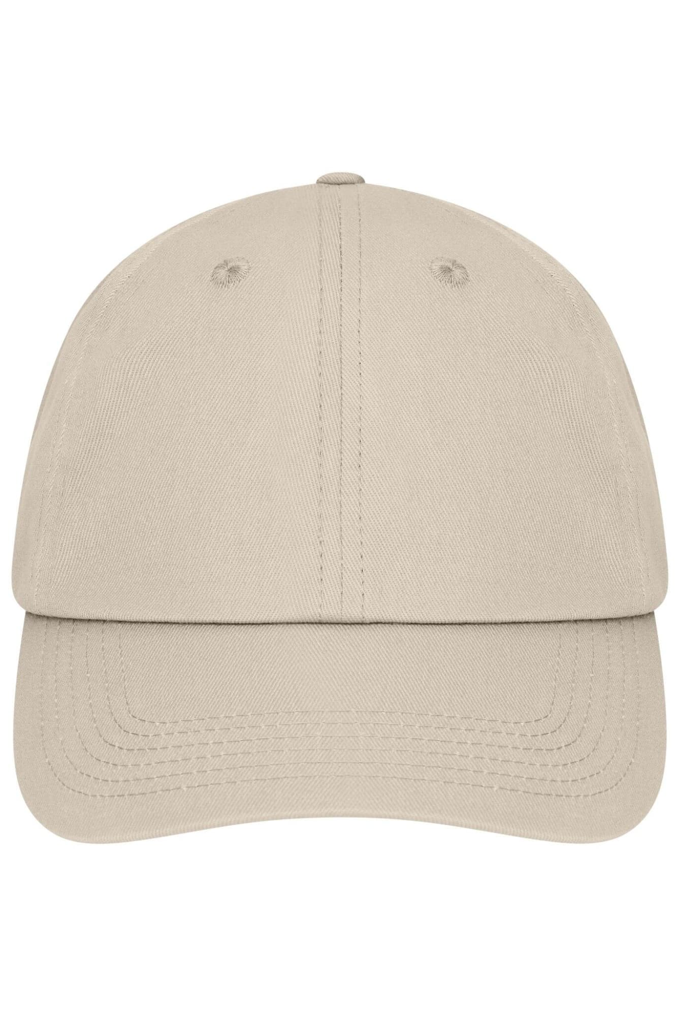 A beige 6-panel dad cap featuring a curved brim and an adjustable strap at the back. It has a logo on the front. 6 Panel Dad Cap - Image 1