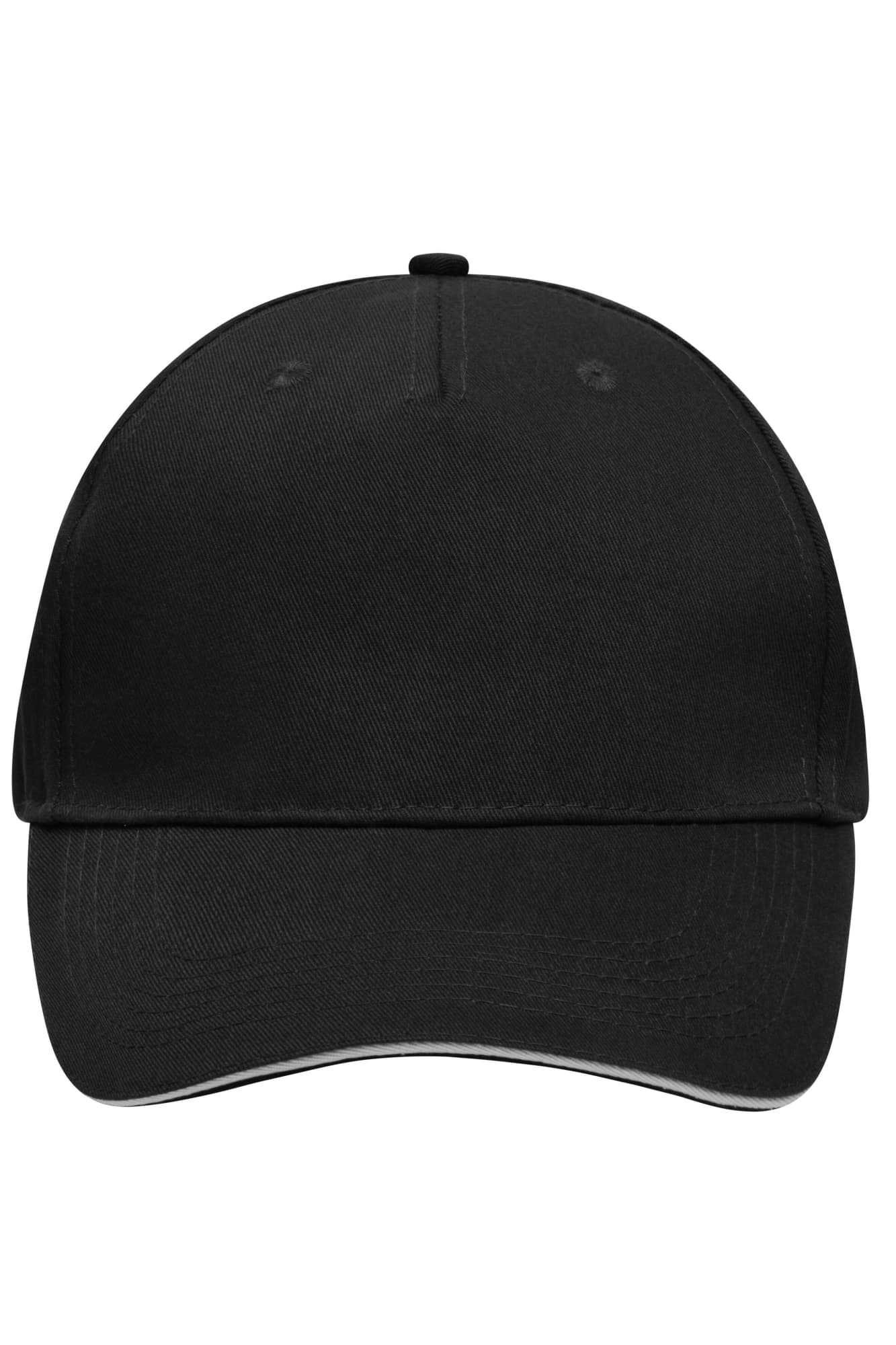 A black 5 Panel Sandwich Cap with a curved brim and a logo on the front. 5 Panel Sandwich Cap - Image 1