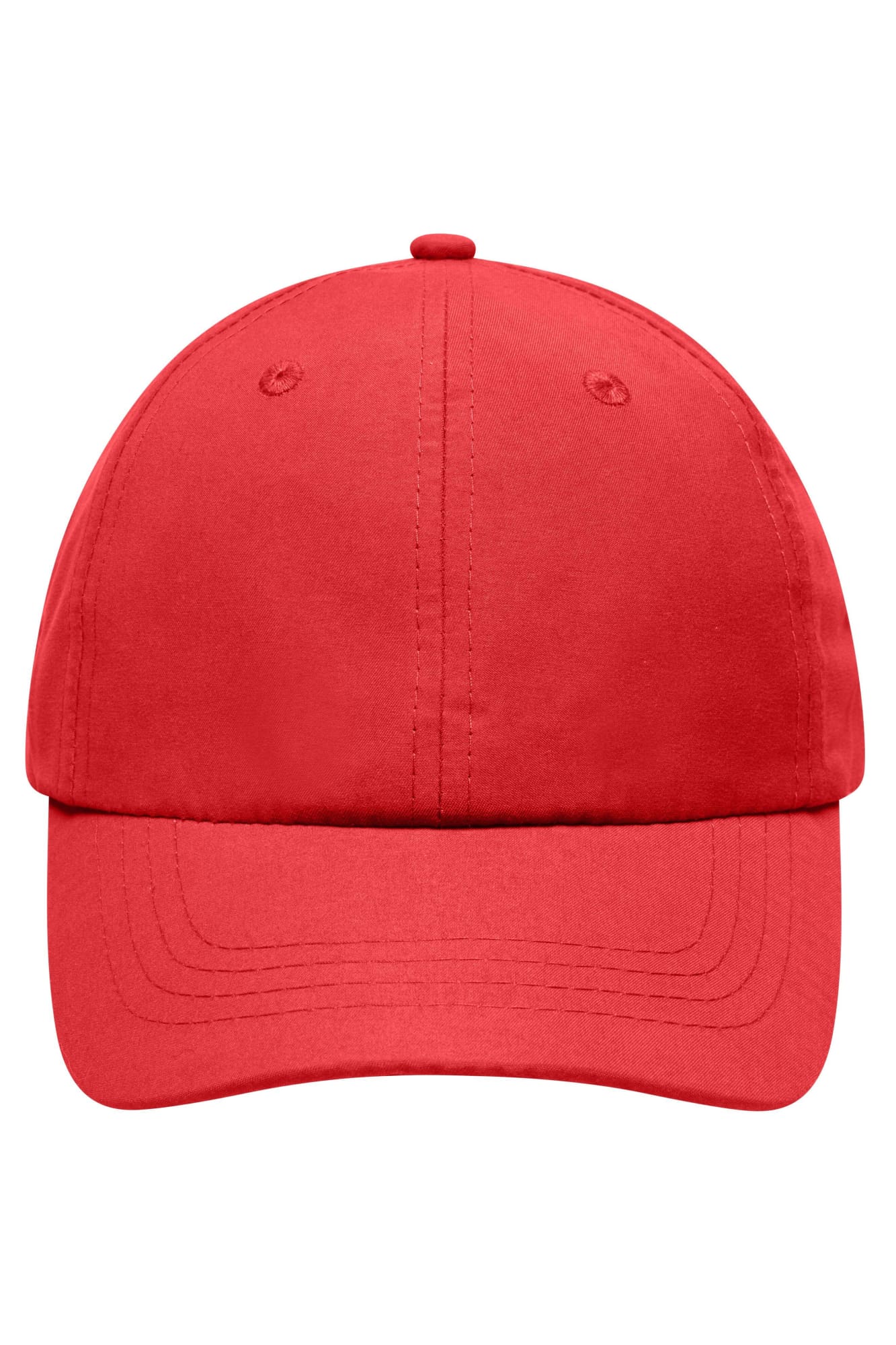 A red cap with a structured design and a rounded brim, featuring a logo on the front. Laser Cut Cap - Image 1