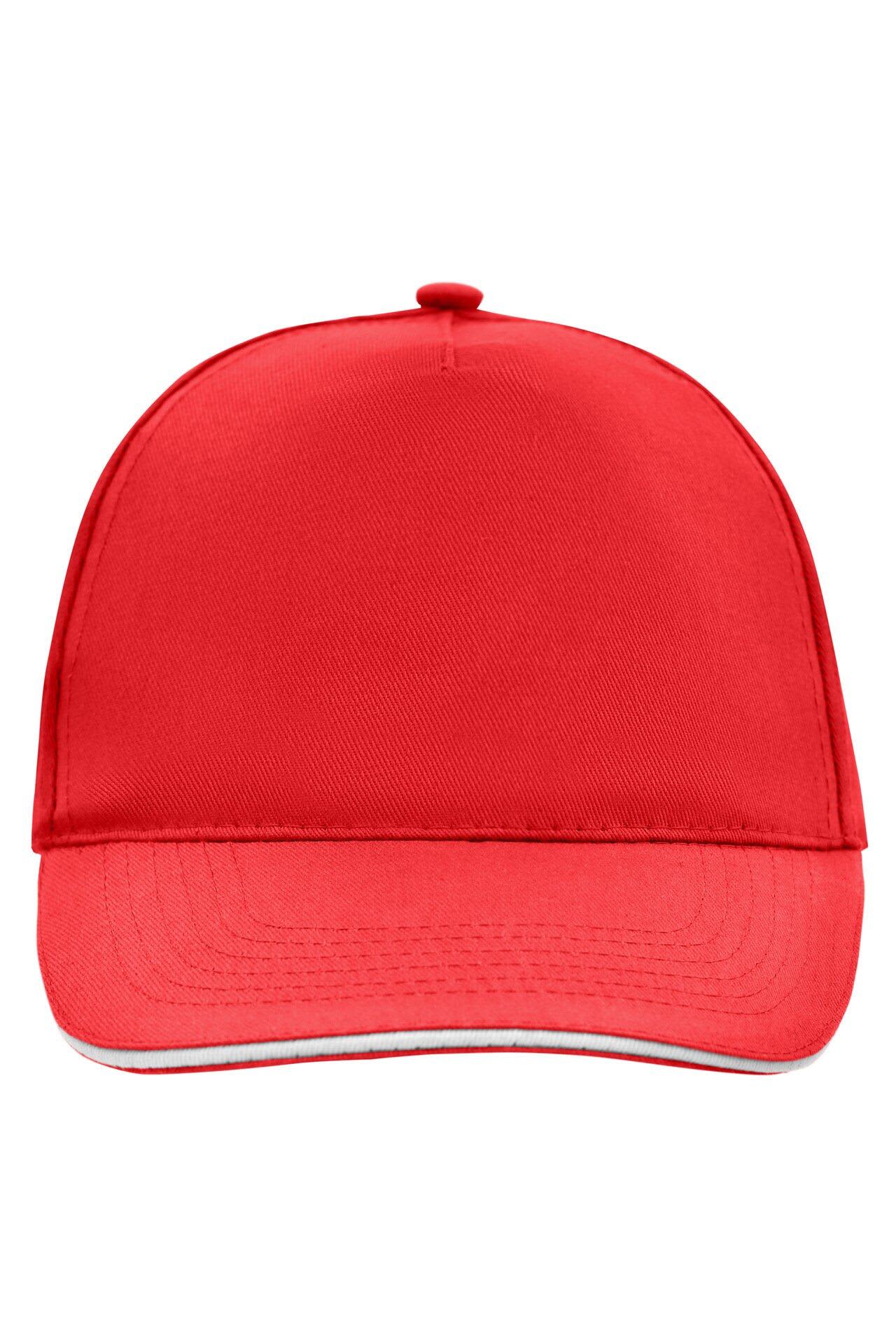 A red 5 Panel Promo Sandwich Cap with a logo, featuring a curved brim and a structured design. 5 Panel Promo Sandwich Cap - Image 1