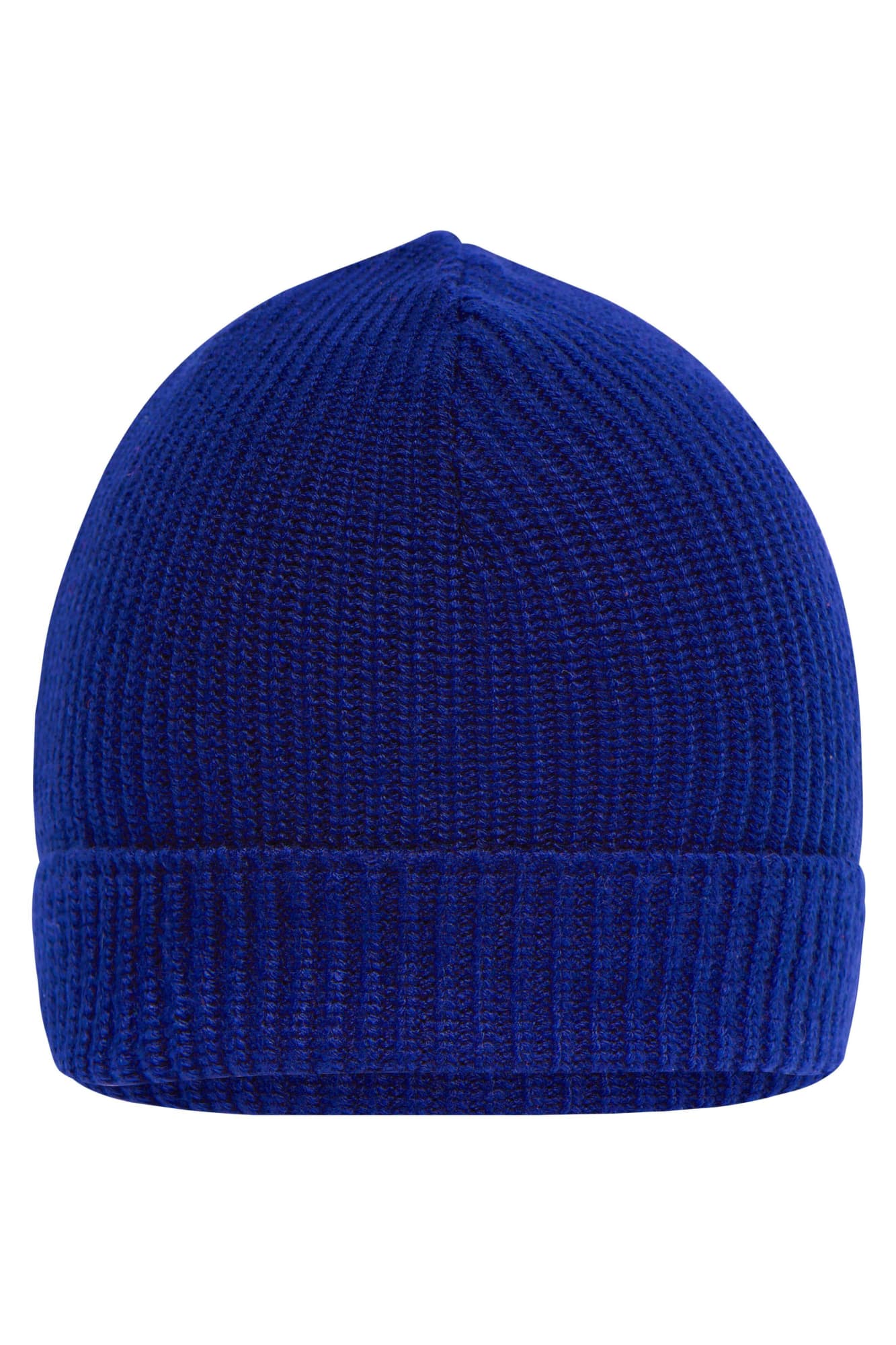 A blue knitted beanie with a ribbed cuff, featuring a logo on the side. Workwear Beanie - Image 1