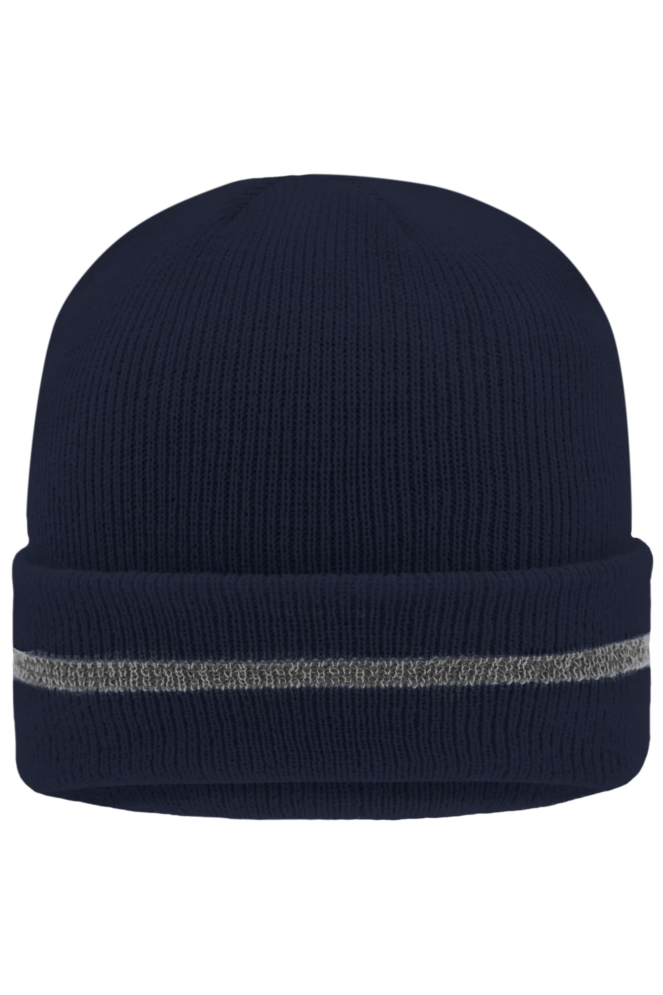 A navy reflective beanie with a silver stripe around the band. It features a ribbed texture and a logo. Reflective Beanie - Image 1