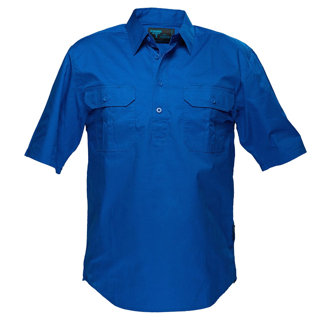 A bright blue button-up short-sleeve shirt with two front pockets and a logo. Adelaide Shirt, Short Sleeve, Light Weight - Image 1