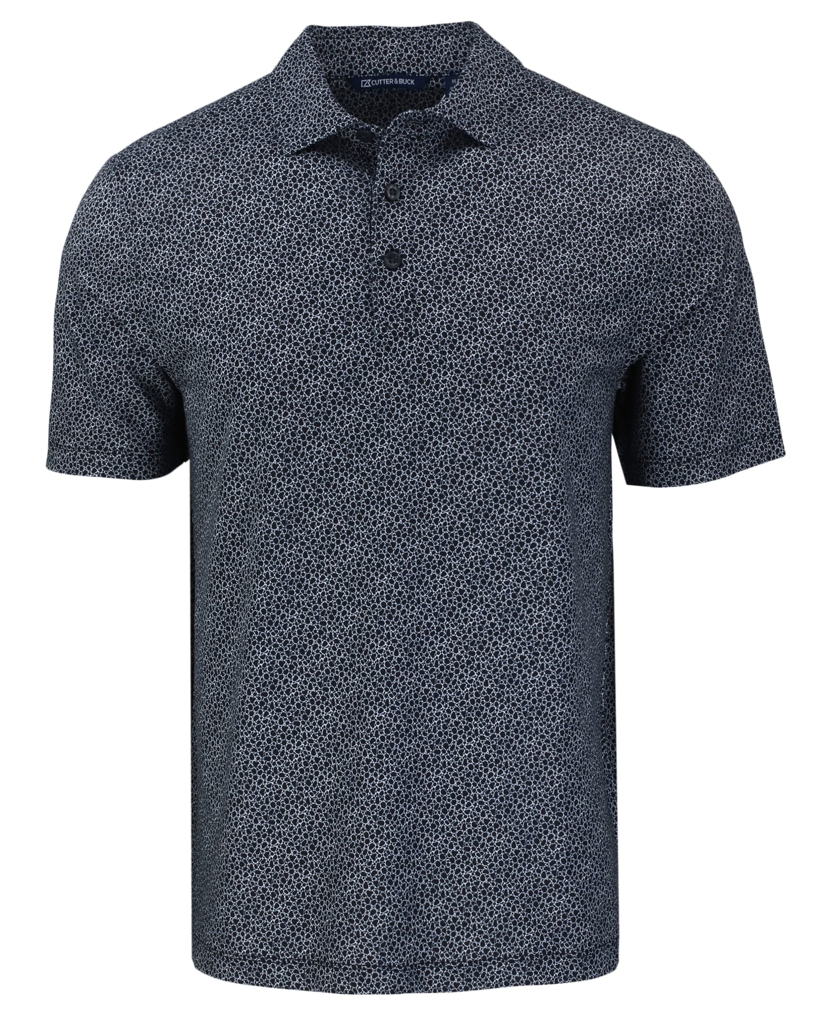 Men’s Pike Eco Pebble Print Polo in navy blue with a pebble print pattern and a collar. Features a logo. Men’s Pike Eco Pebble Print Polo - Image 1