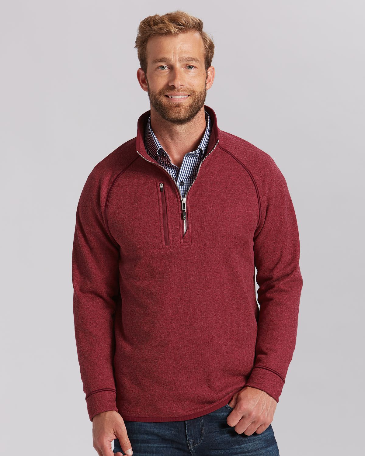 A men's half zip jacket in a rich burgundy colour, featuring a logo and a relaxed fit. Men's Mainsail Half Zip Jacket - Image 1