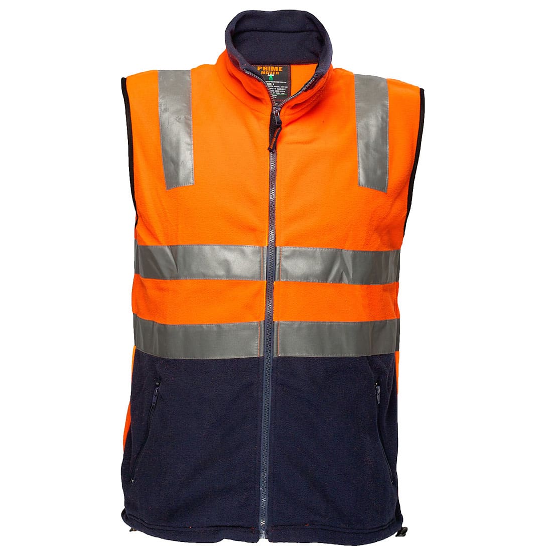 A polar fleece vest featuring high-visibility orange and blue colours with reflective tape for safety. Polar Fleece Vest with Tape - Image 1