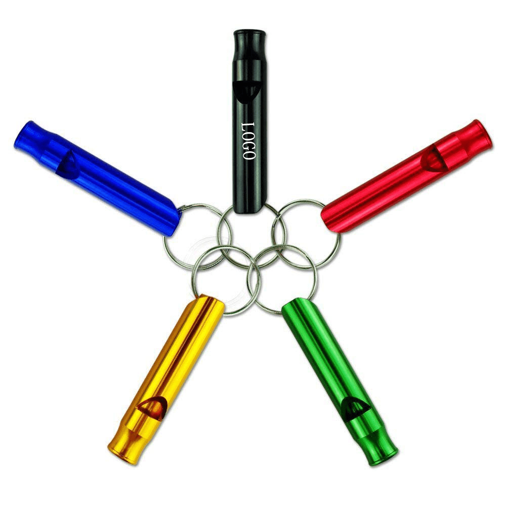 A set of five colourful whistle keychains in blue, red, green, yellow, and black, attached to keyrings. Whistle Keychain - Image 1