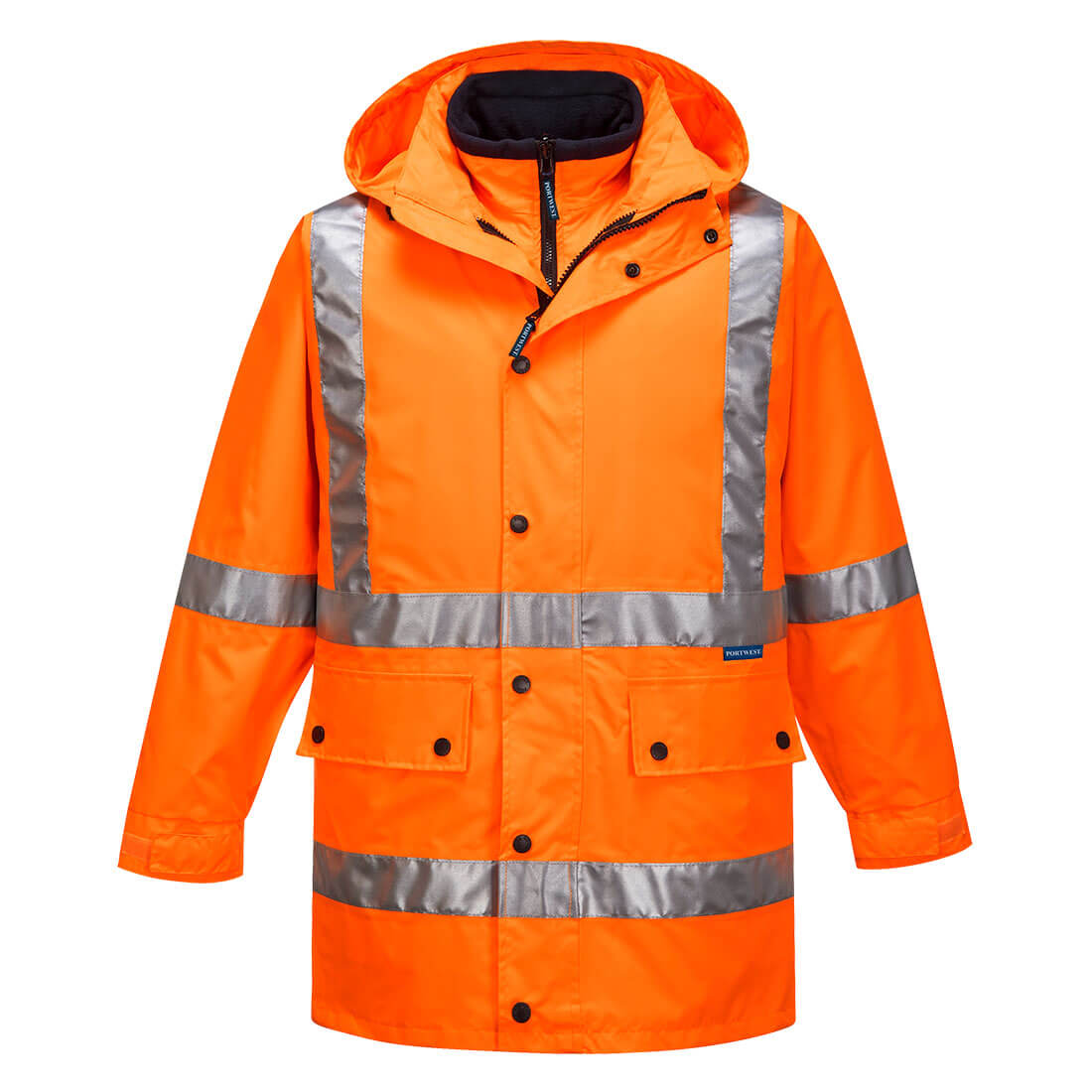 An orange work jacket with reflective stripes and a hood. It features pockets and a zip closure. Max Hi-Vis X Back 4-in-1 Jacket - Image 1
