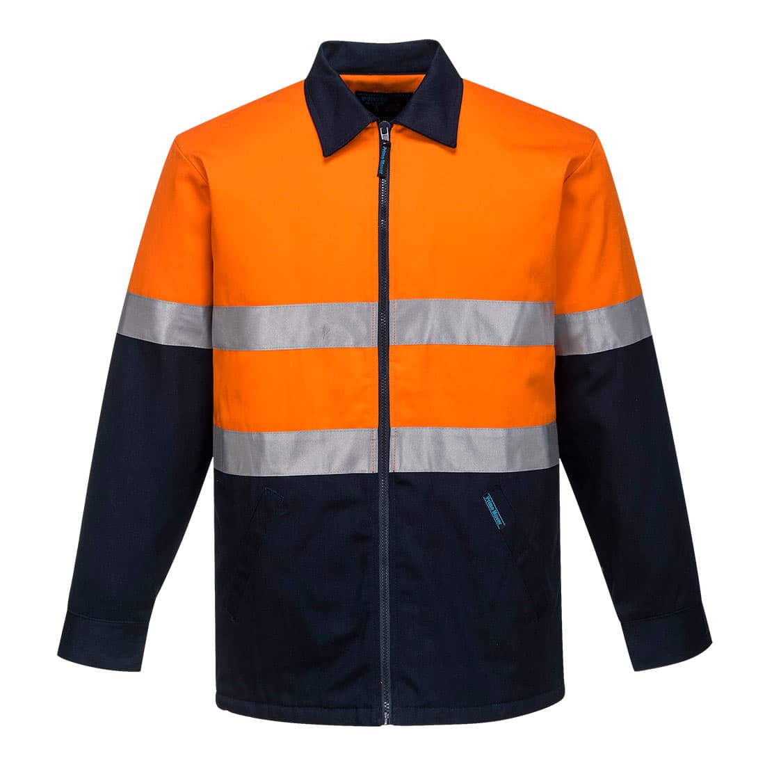 A quilt padded cotton jacket featuring orange and navy colours with reflective stripes and a branding logo. Hi-Vis Contrast Insulated Work Jacket - Image 1