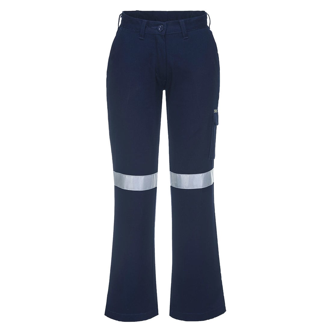 Ladies cargo pants in navy blue with reflective stripes and a side pocket. The pants have a branded logo. Women's Cargo Pants with Tape - Image 1