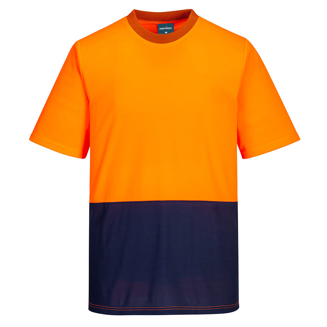 A two-tone short-sleeve t-shirt featuring a vibrant orange upper and navy blue lower section. It has a branding logo. Hi-Vis Contrast Class D T-Shirt S/S - Image 1