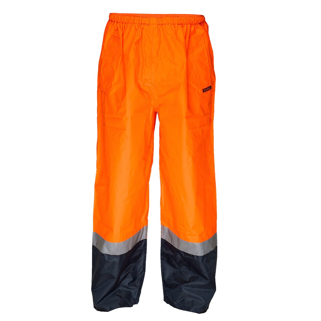 High-visibility wet weather pull-on pants in orange and black with reflective detailing and an elastic waistband. Hi-Vis Contrast Rain Pants - Image 1