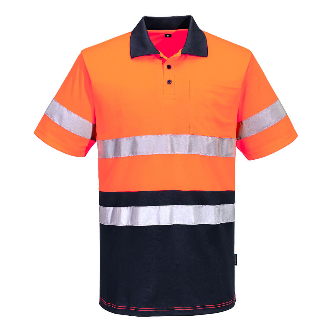 A Hi-Vis orange and navy polo shirt with reflective stripes and a pocket. The shirt features a logo on the chest. Hi-Vis Contrast Polo Shirt S/S - Image 1