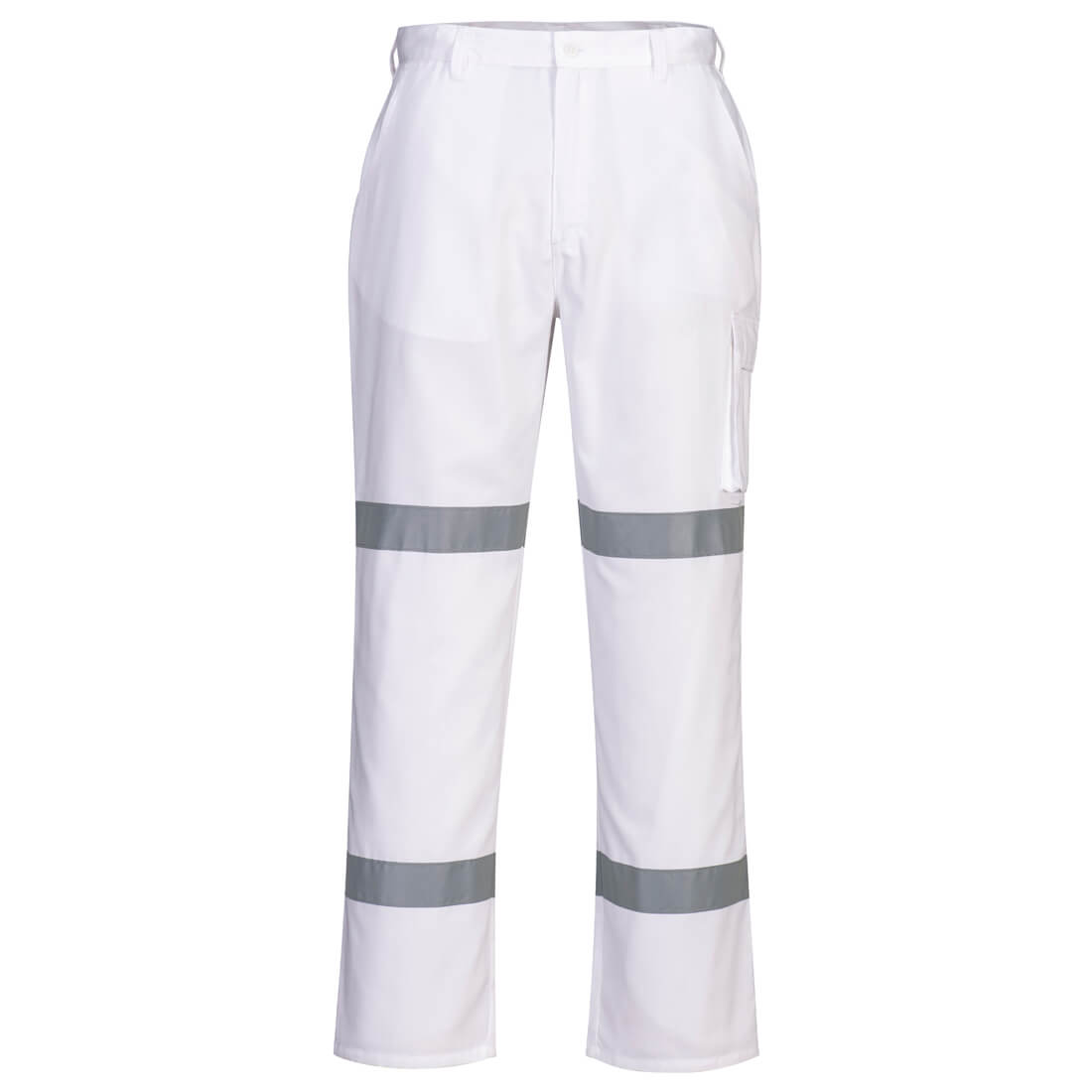 A pair of white cotton drill work pants with grey reflective stripes and a side pocket. The pants have a logo. Taped Night Cotton Drill Pants - Image 1