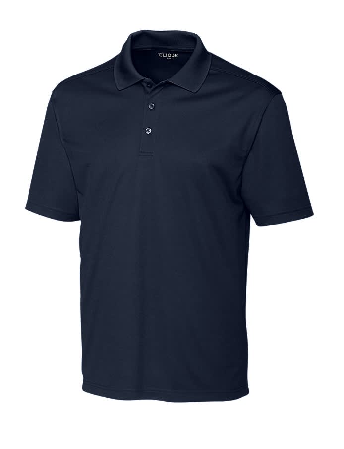A navy blue polo shirt with a classic collar and three-button placket, featuring a logo. Men's Clique by CB Spin Dye Pique Polo - Image 1