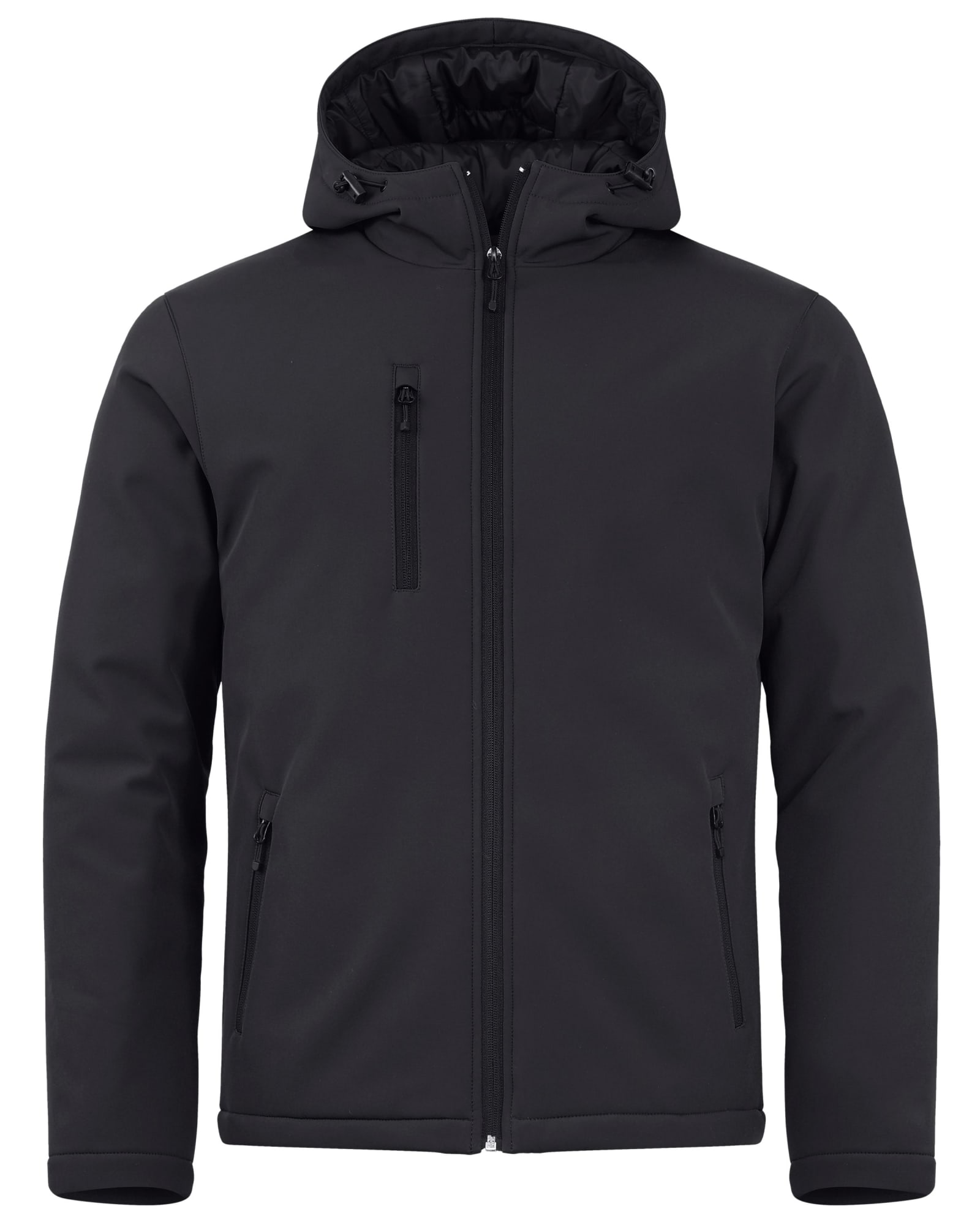 A black men's softshell jacket featuring a hood and multiple zippers, with a logo on the front. Men's Equinox Softshell Jacket - Image 1