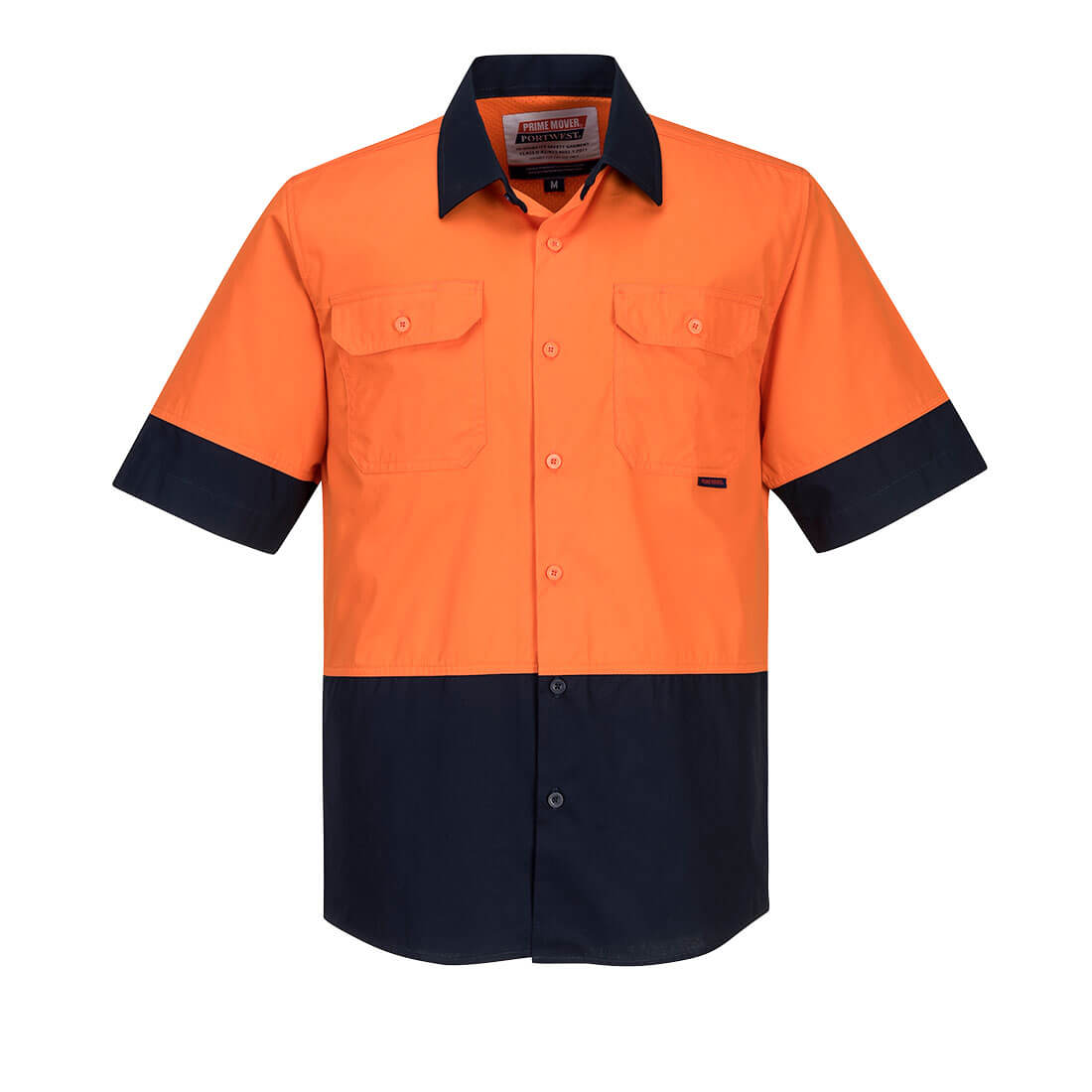 A lightweight short-sleeve shirt in orange and navy, featuring two chest pockets and a logo. Canberra Hi-Vis Lightweight Contrast Class D Shirt S/S - Image 1