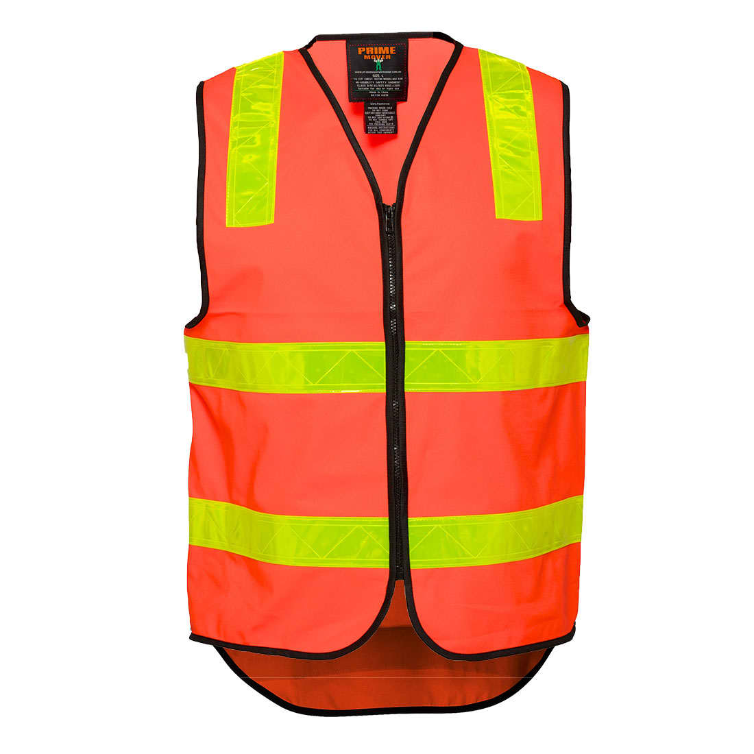 A high-visibility vest in bright orange with reflective yellow stripes and a front zipper, featuring a logo. Hi-Vis Vic Roads Zipped Vest - Image 1