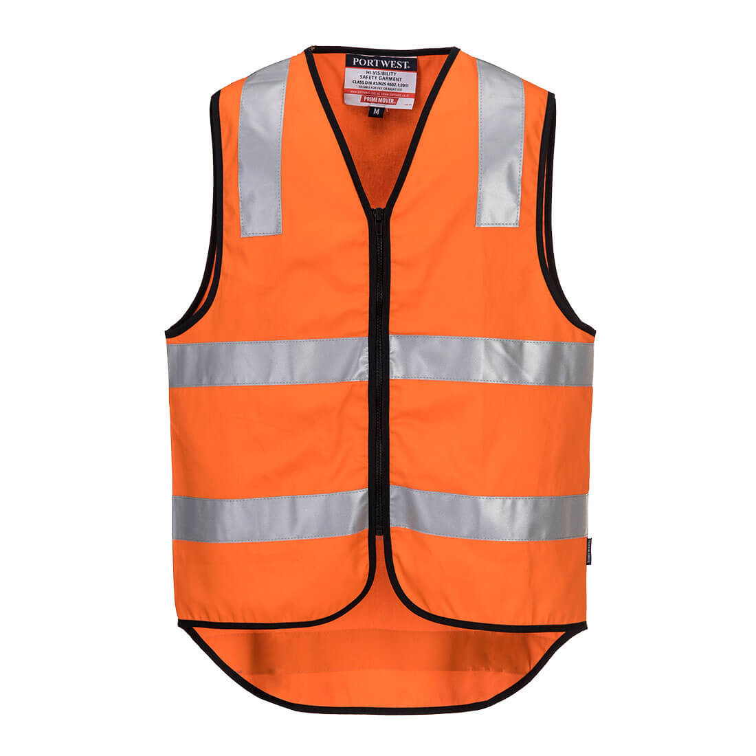 An orange hi-vis vest with silver reflective stripes and a front zipper, featuring a logo on the upper part. Hi-Vis Cotton Zipped Vest - Image 1