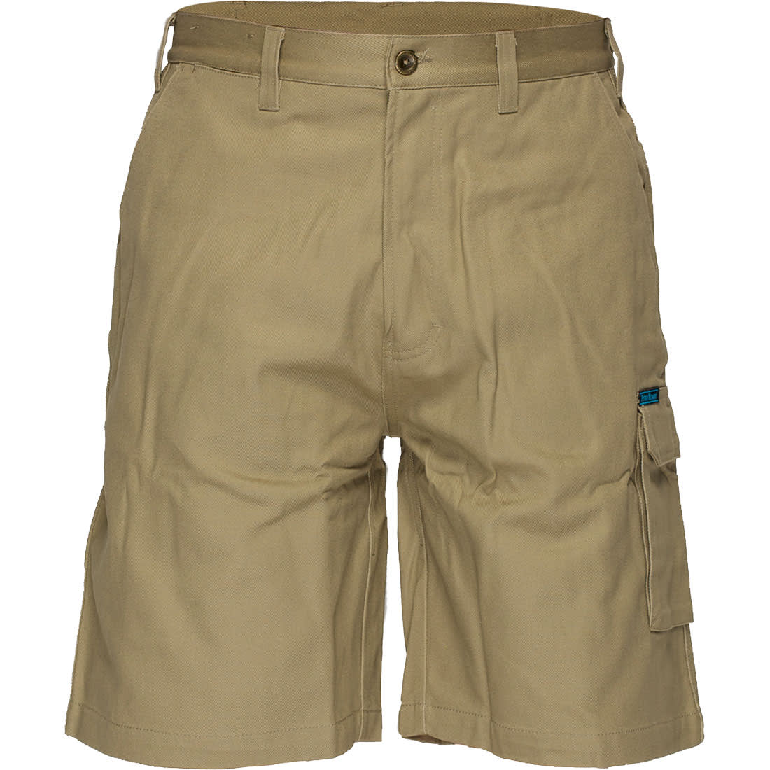 Cotton cargo shorts in khaki, featuring multiple pockets and a waistband with a button closure. Includes a logo. Cargo Shorts - Image 1