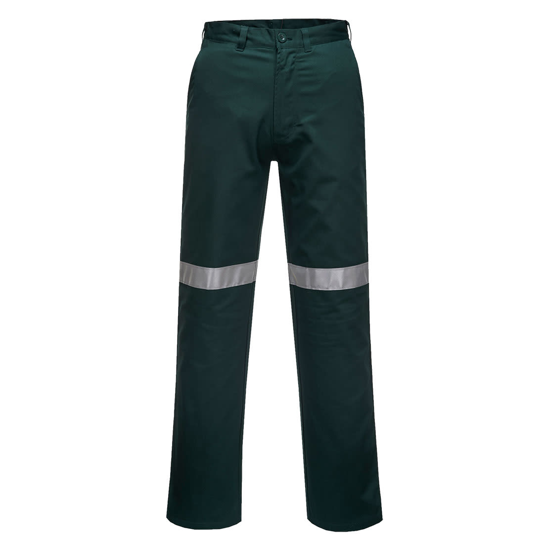 Work pants in dark green featuring reflective stripes. The design includes a waistband and front pockets, with a logo present. Straight Leg Pants with Tape - Image 1