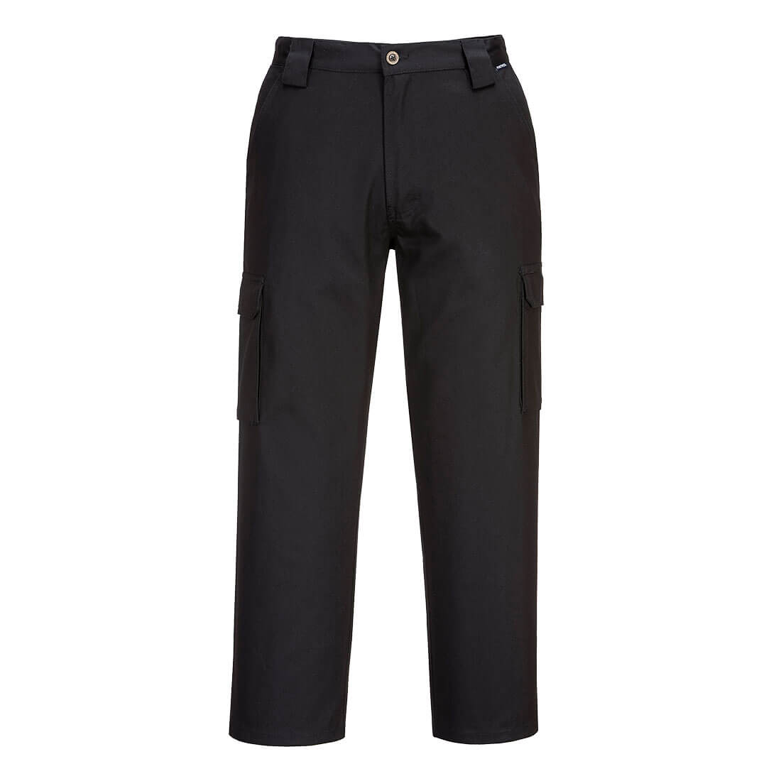 Lightweight cargo pants in black with side pockets and a front button closure. Features branding on the waistband. Lightweight Cargo Pants - Image 1