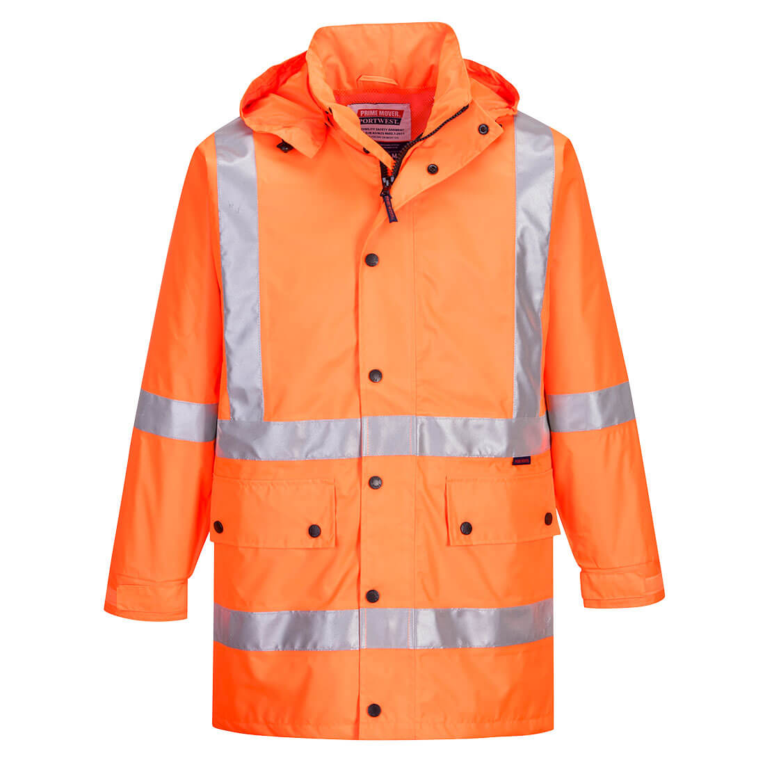 A bright orange rain jacket featuring reflective stripes, with a hood and multiple front pockets. It has a logo. Max Hi-Vis X Back Rain Traffic Jacket - Image 1