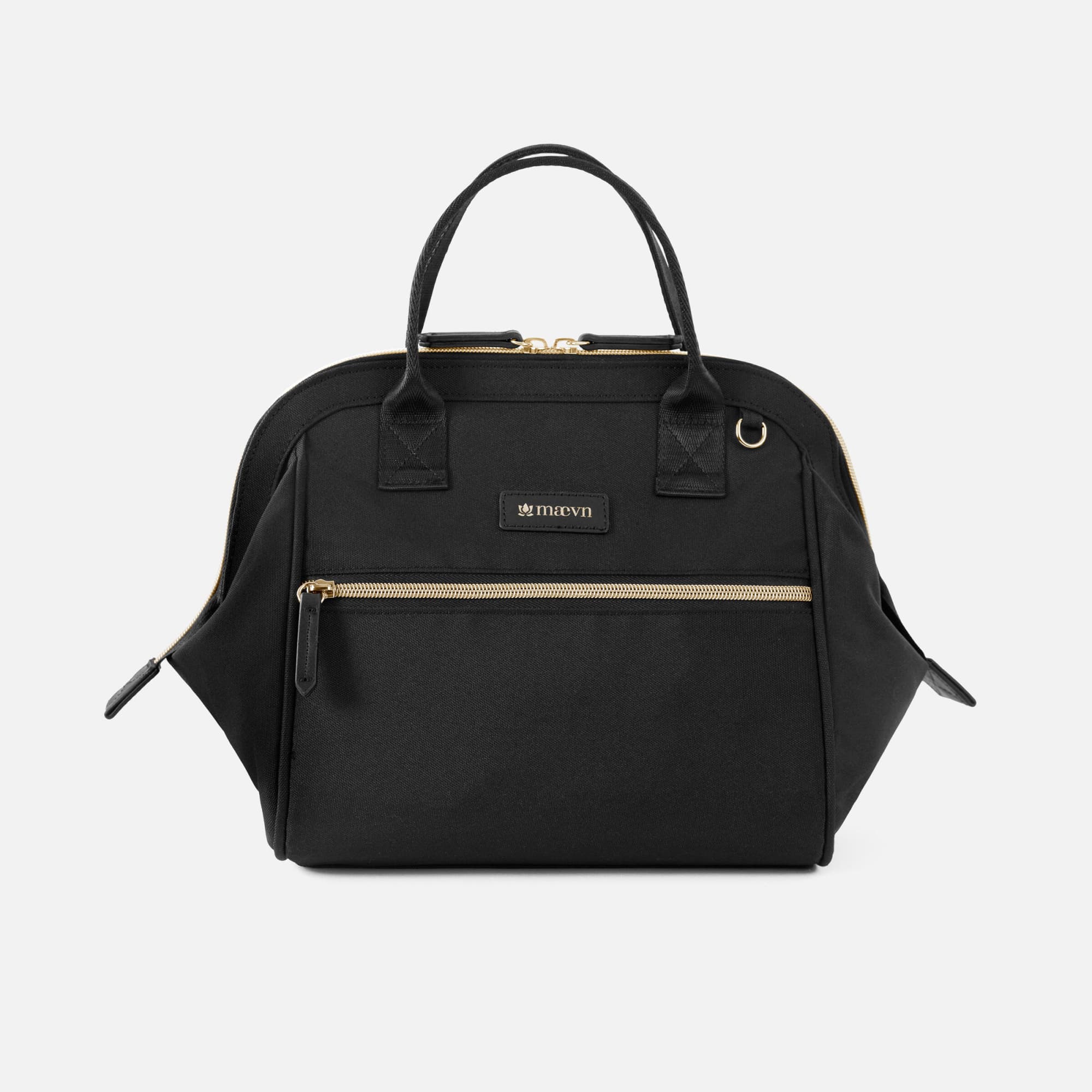 A black insulated lunch bag with zipper closure, dual handles, and a front pocket, featuring a logo. ReadyGo Insulated Lunch Bag - Image 1