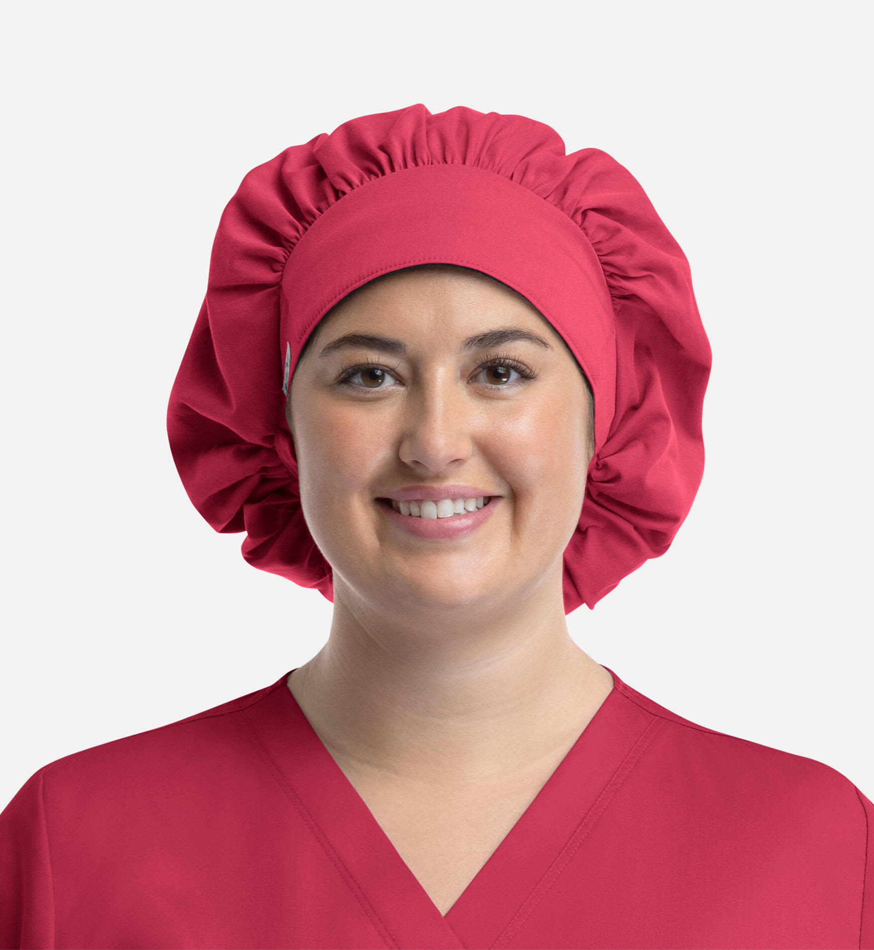 A unisex bouffant scrub cap in bright pink, featuring a gathered design and a wide band. Scrub Cap Unisex Bouffant Cap - Image 1
