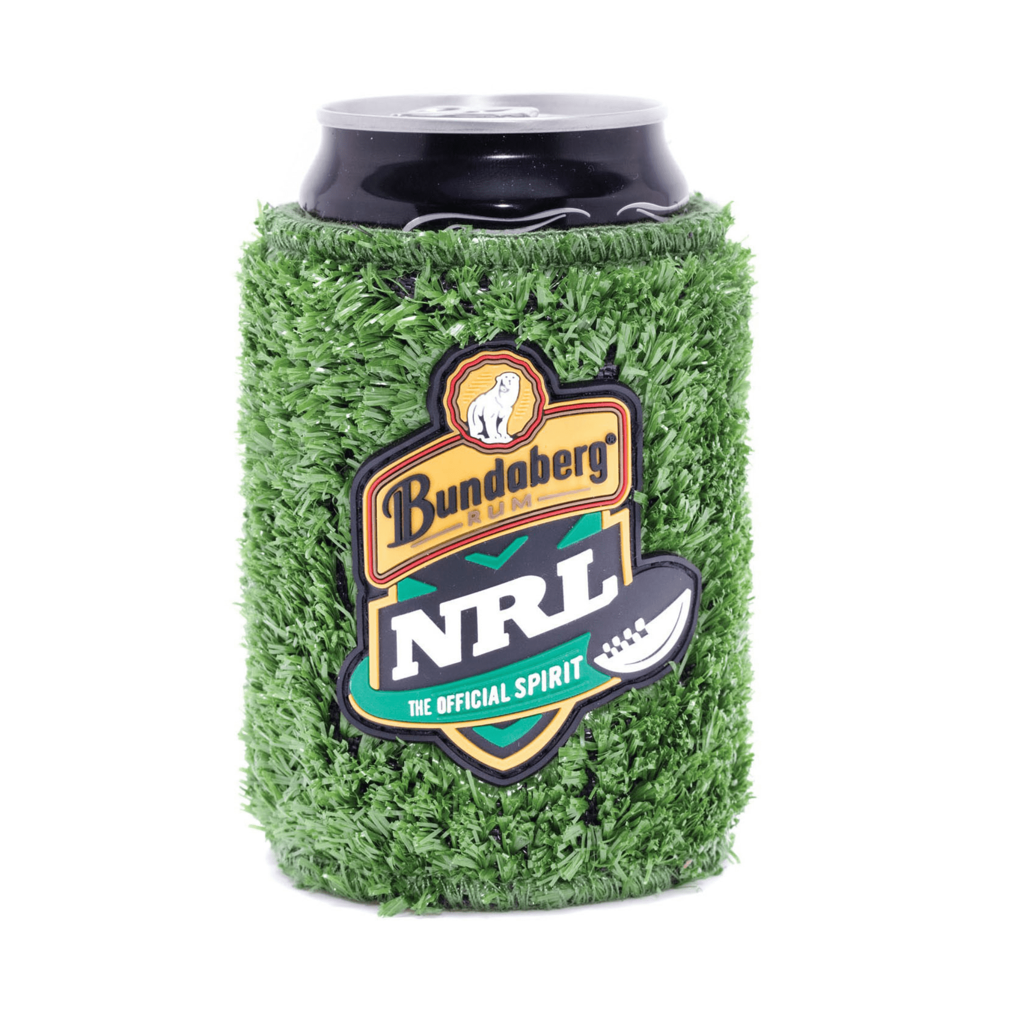 A drink bottle holder covered in green faux grass, featuring a logo and designed for cans. Fake Grass Stubby Cooler - Image 1