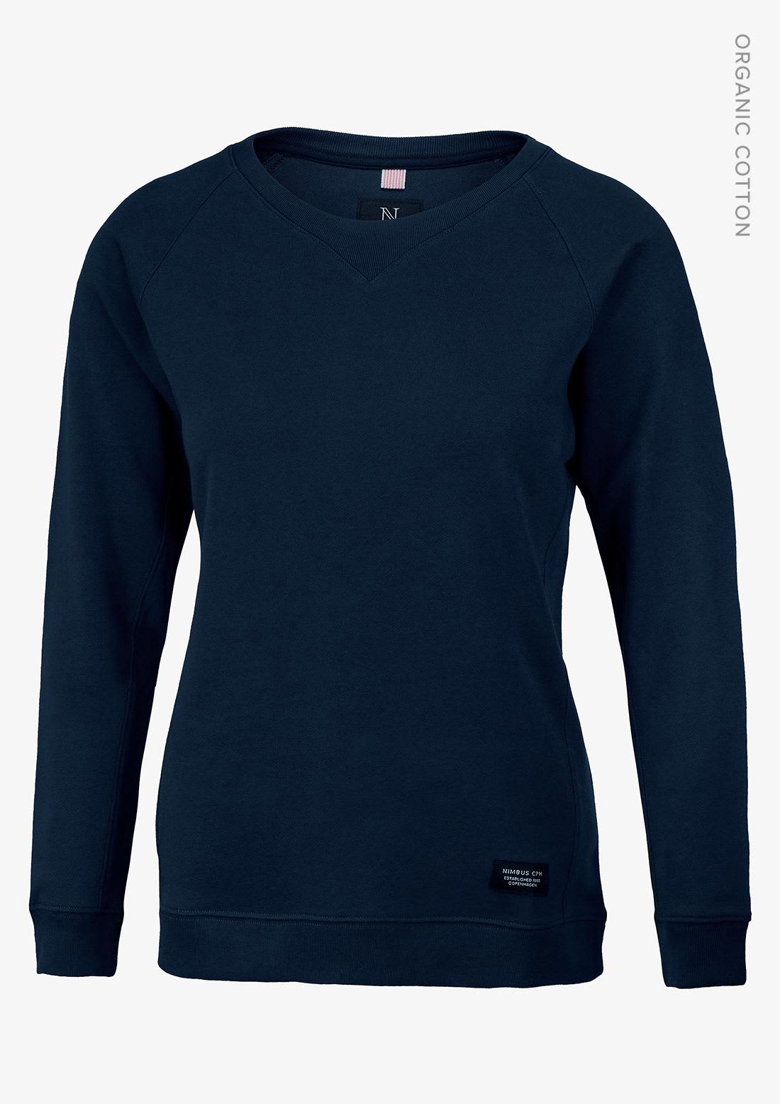 A navy sweatshirt with a V-neck design and long sleeves, featuring a logo on the front. Newport Women Sweatshirt - Image 1