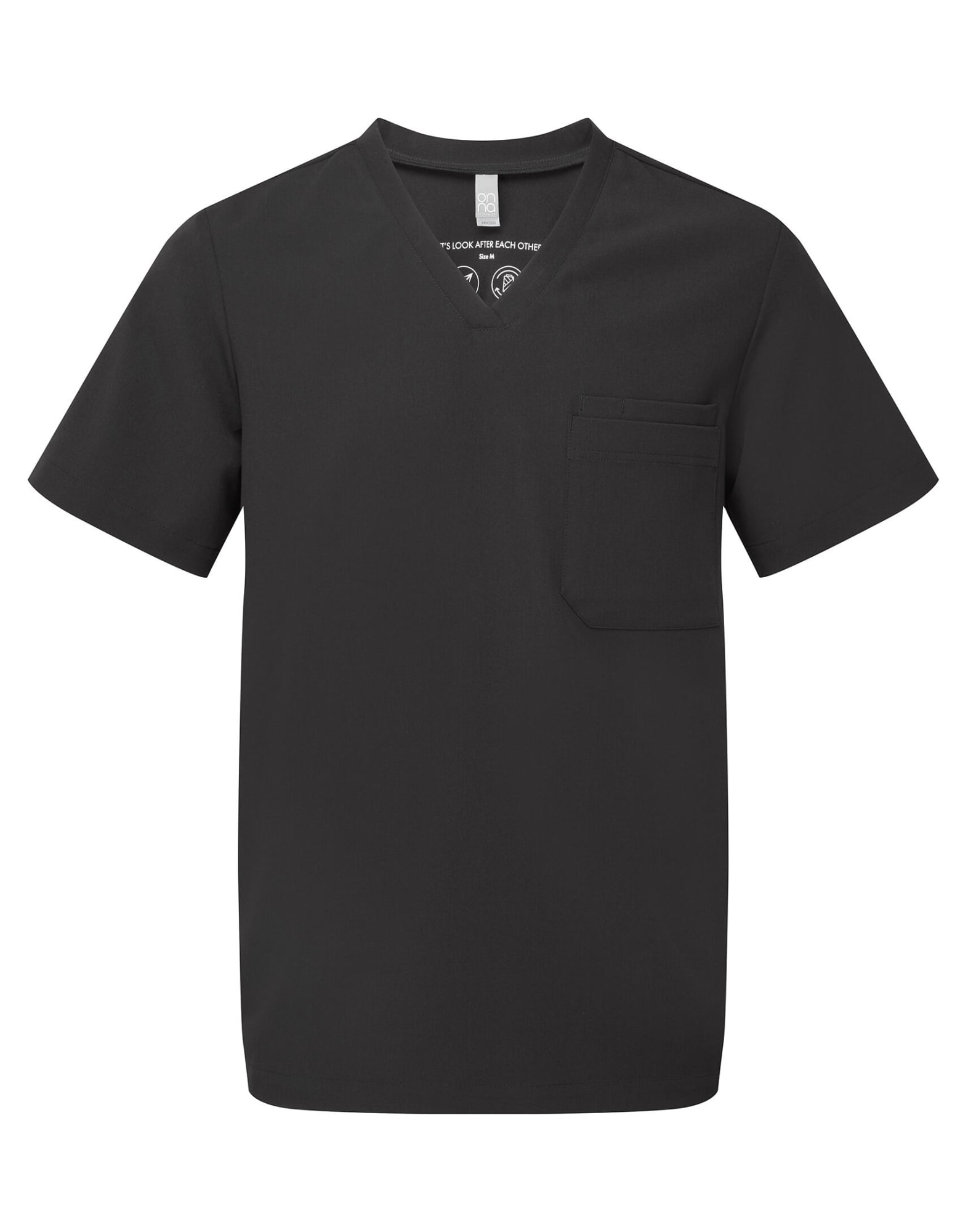 A black tunic with a V-neck design and a pocket on the front. It features a logo on the label. Limitless Stretch Tunic - Image 1