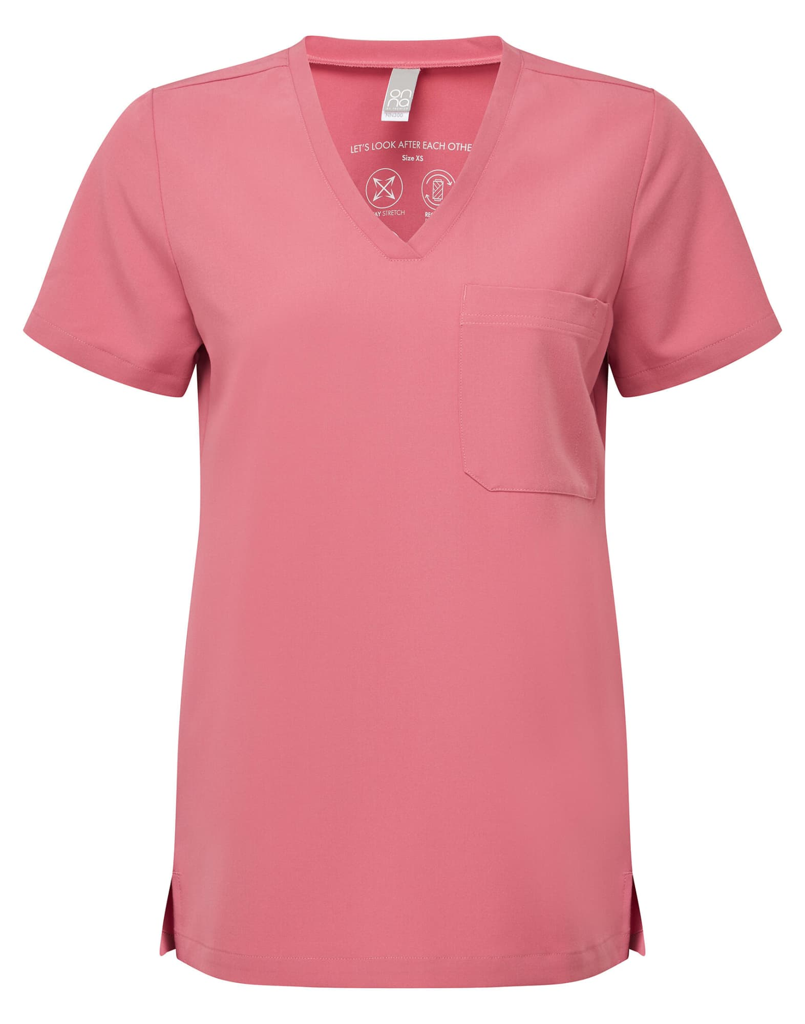 A pink women's tunic featuring a V-neck, short sleeves, and a chest pocket, with side slits for added comfort. Womens Limitless Stretch Tunic - Image 1