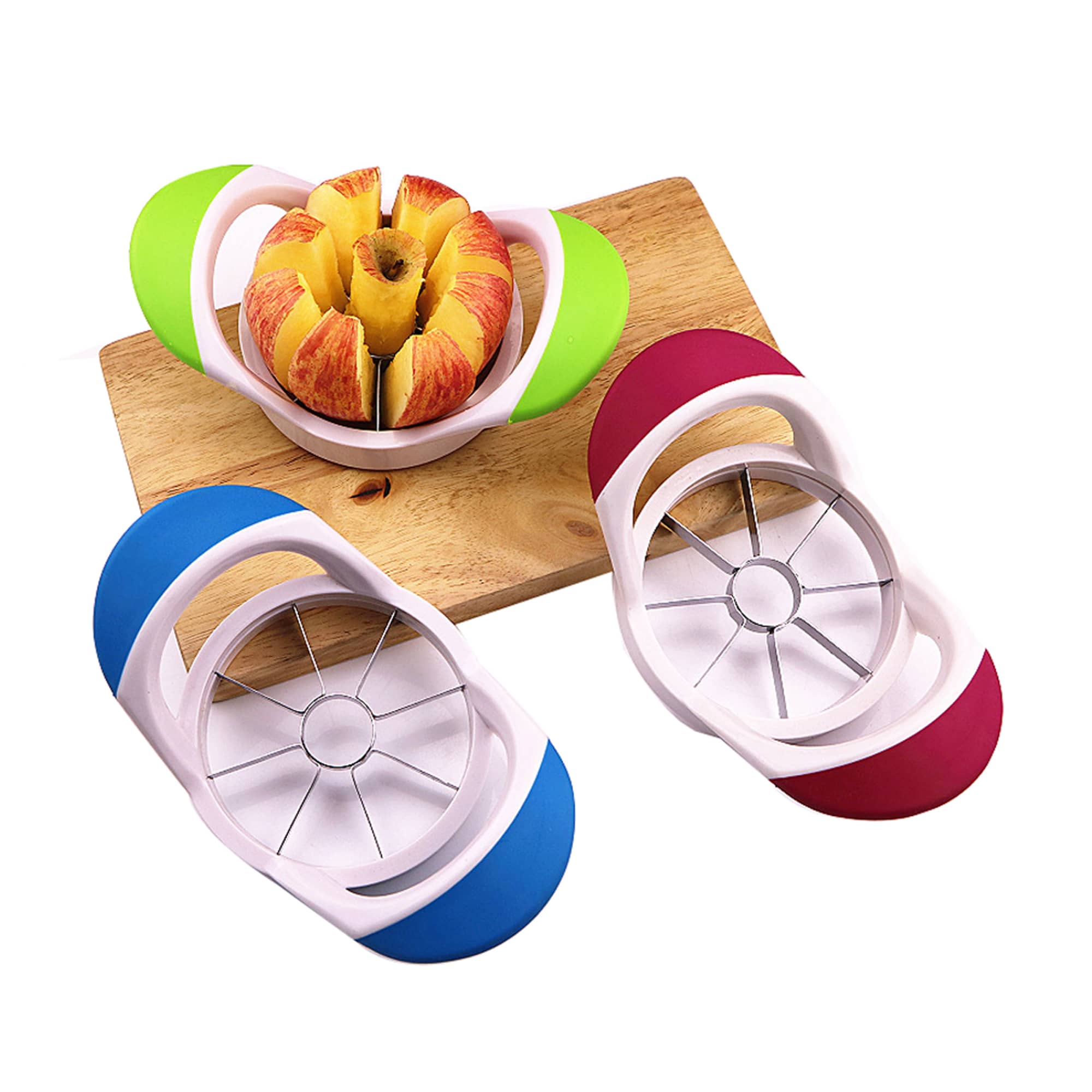 An apple cutter in blue, green, and red, placed next to a sliced apple on a wooden board. Apple Cutter - Image 1