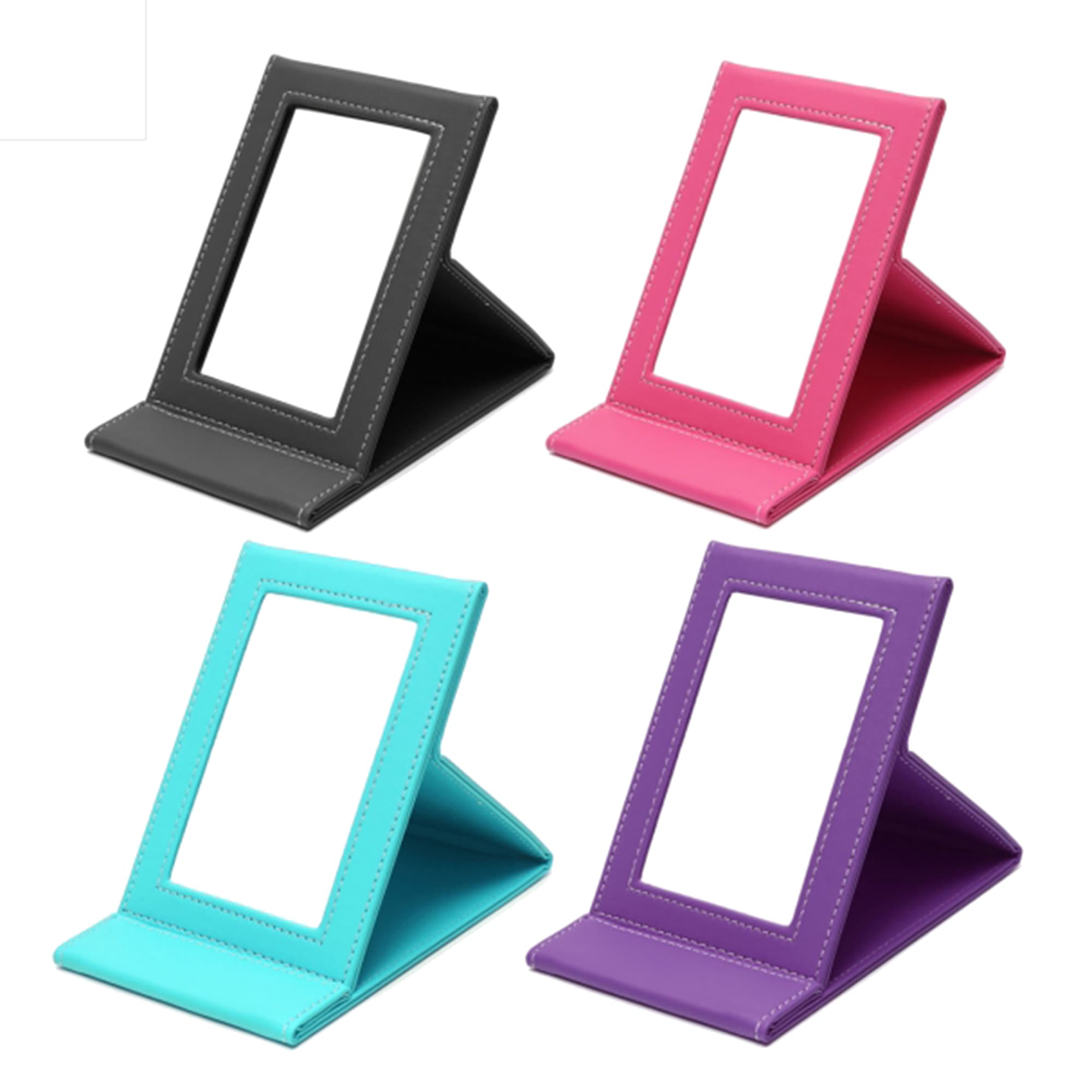 A collection of four leather-coated makeup mirrors in black, pink, teal, and purple, each with a stand and surrounding frame. Leather Coated Makeup Mirror - Image 1