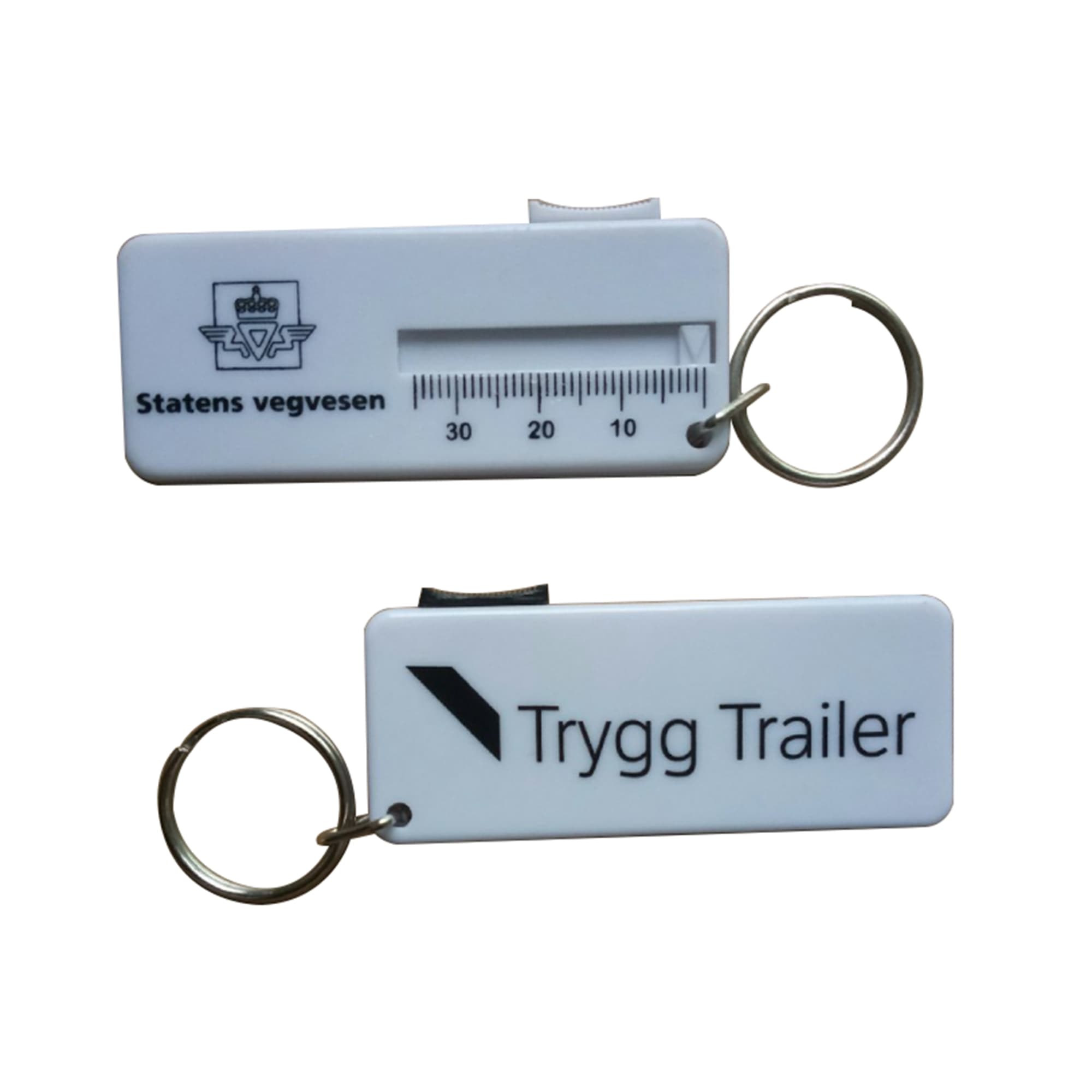 A white plastic tire gauge with a keyring attachment, featuring measurement markings and a logo on one side. Plastic Tire gauge - Image 1