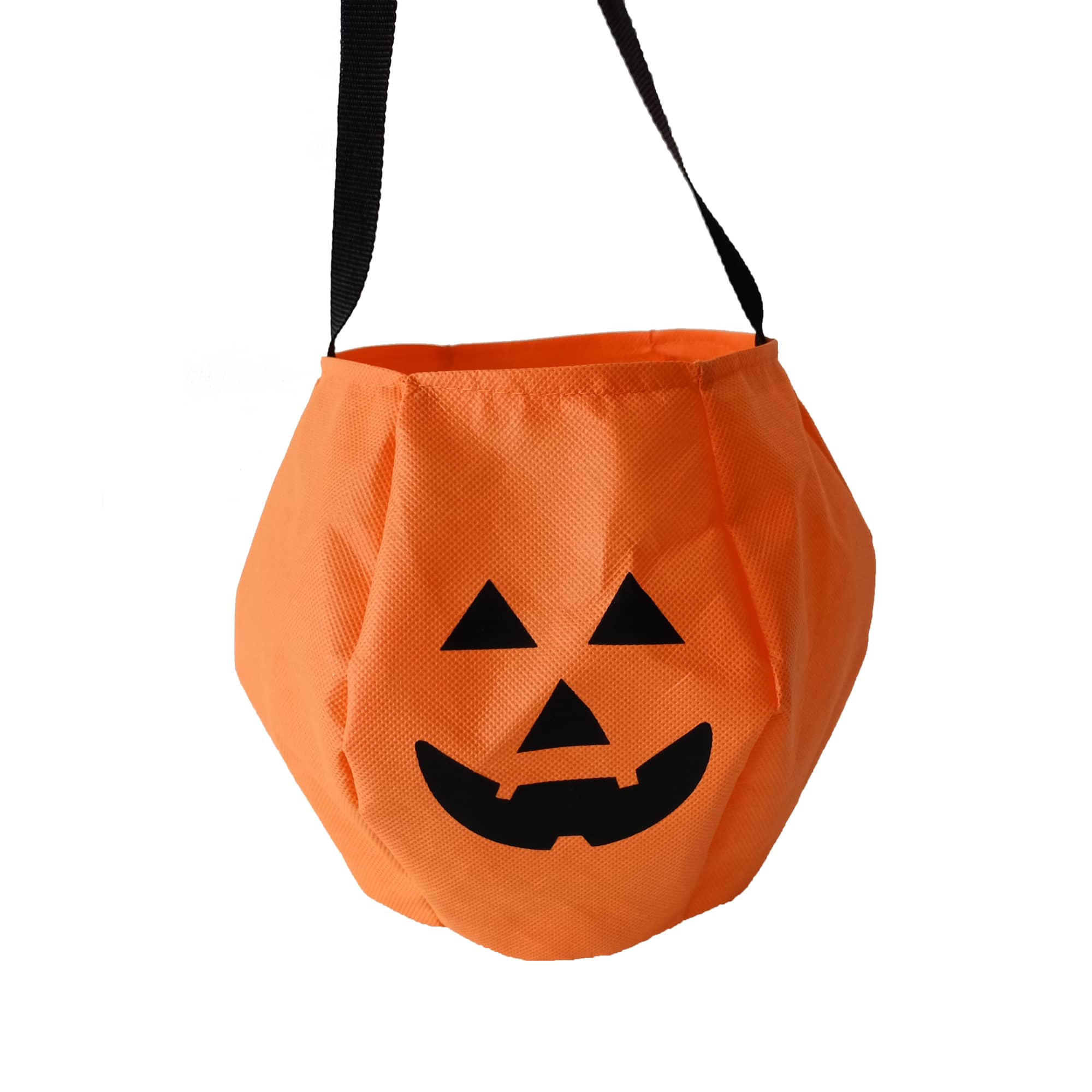 An orange bag with a black pumpkin face and a black strap, designed for carrying items. Pumpkin Candy Bag - Image 1