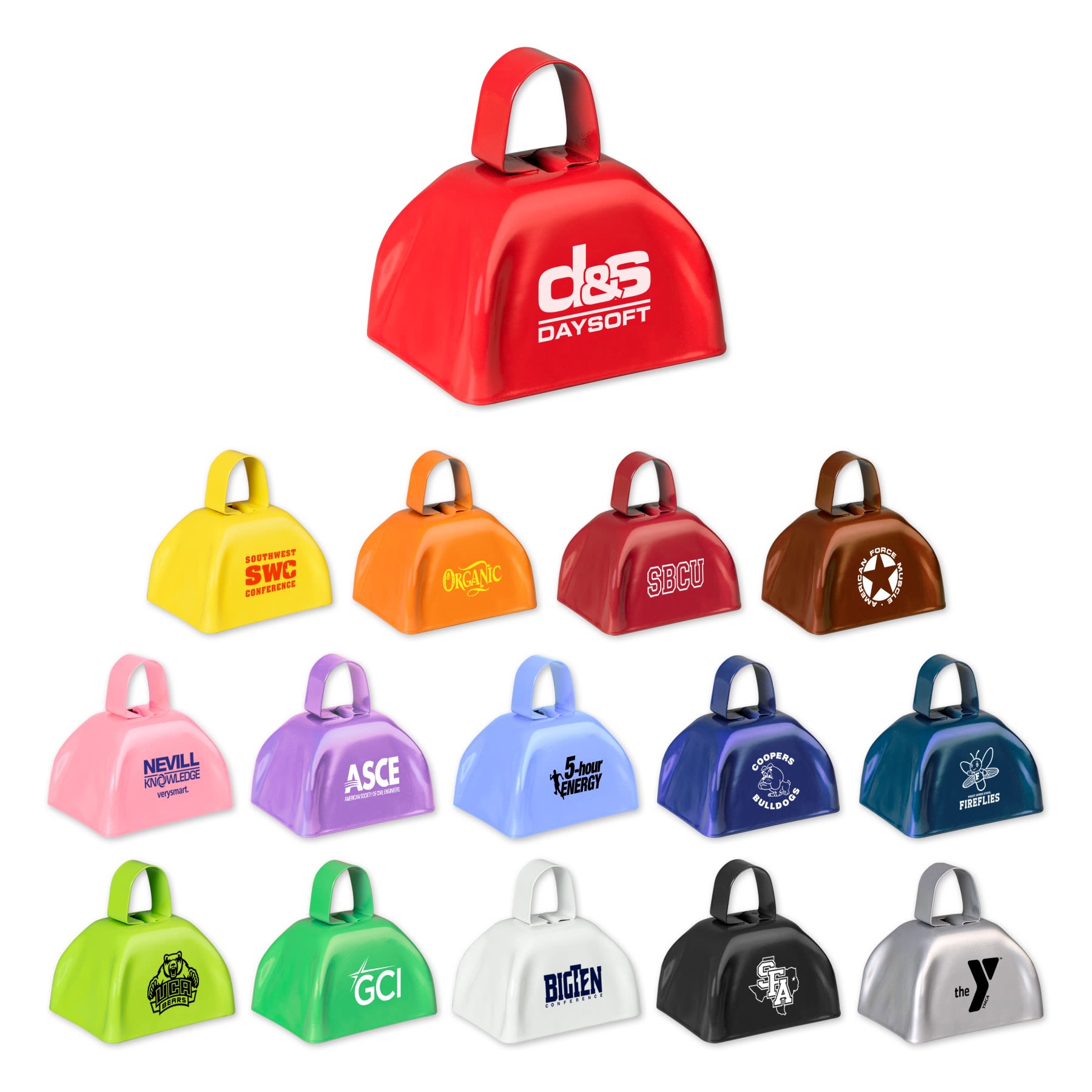 A collection of various cowbell products in different colours, each featuring a handle and logos or branding. Classic Cowbell - Image 1