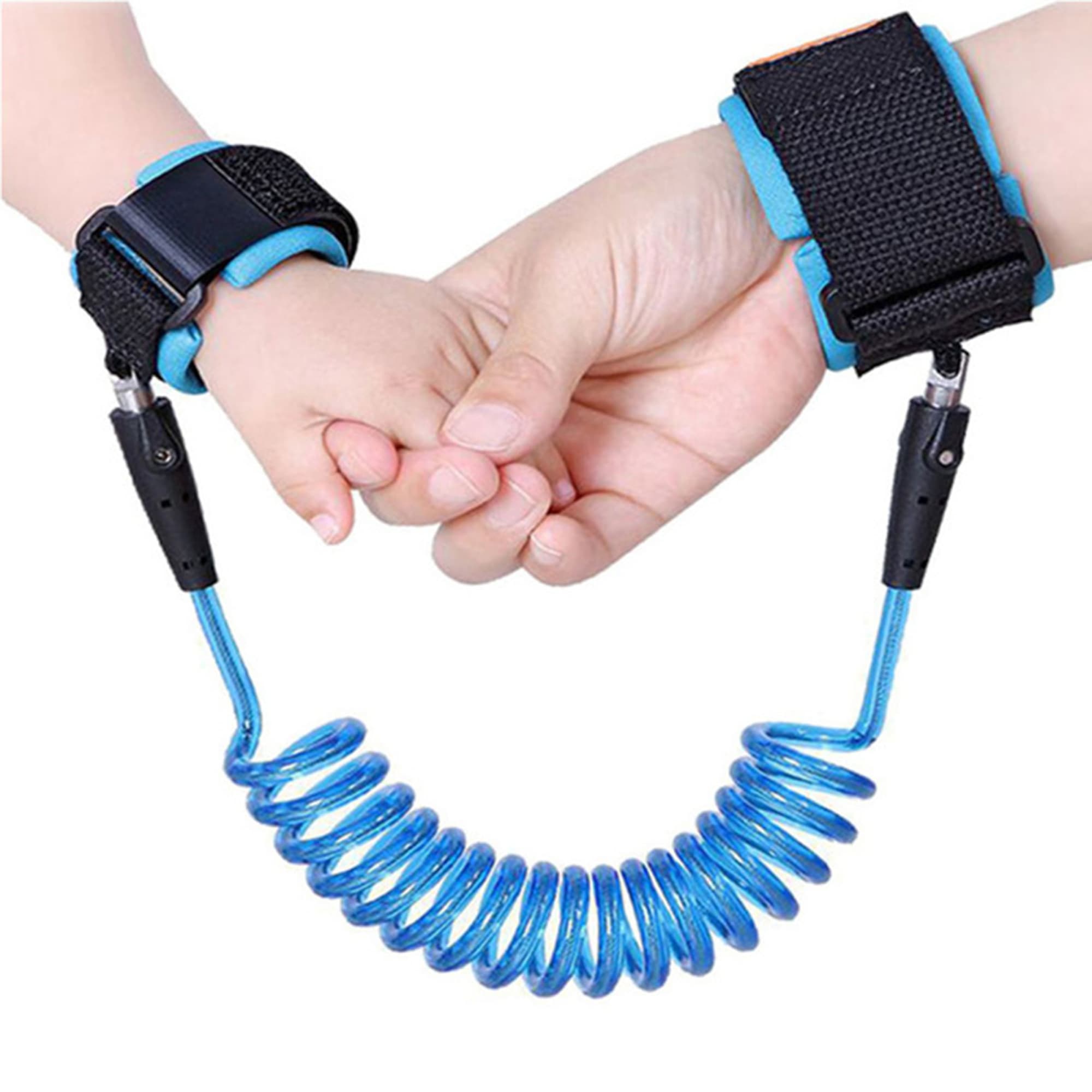Child anti-lost wrist straps feature a blue coiled connector and black adjustable cuffs for secure attachment. Child Anti-lost Wrist Straps - Image 1