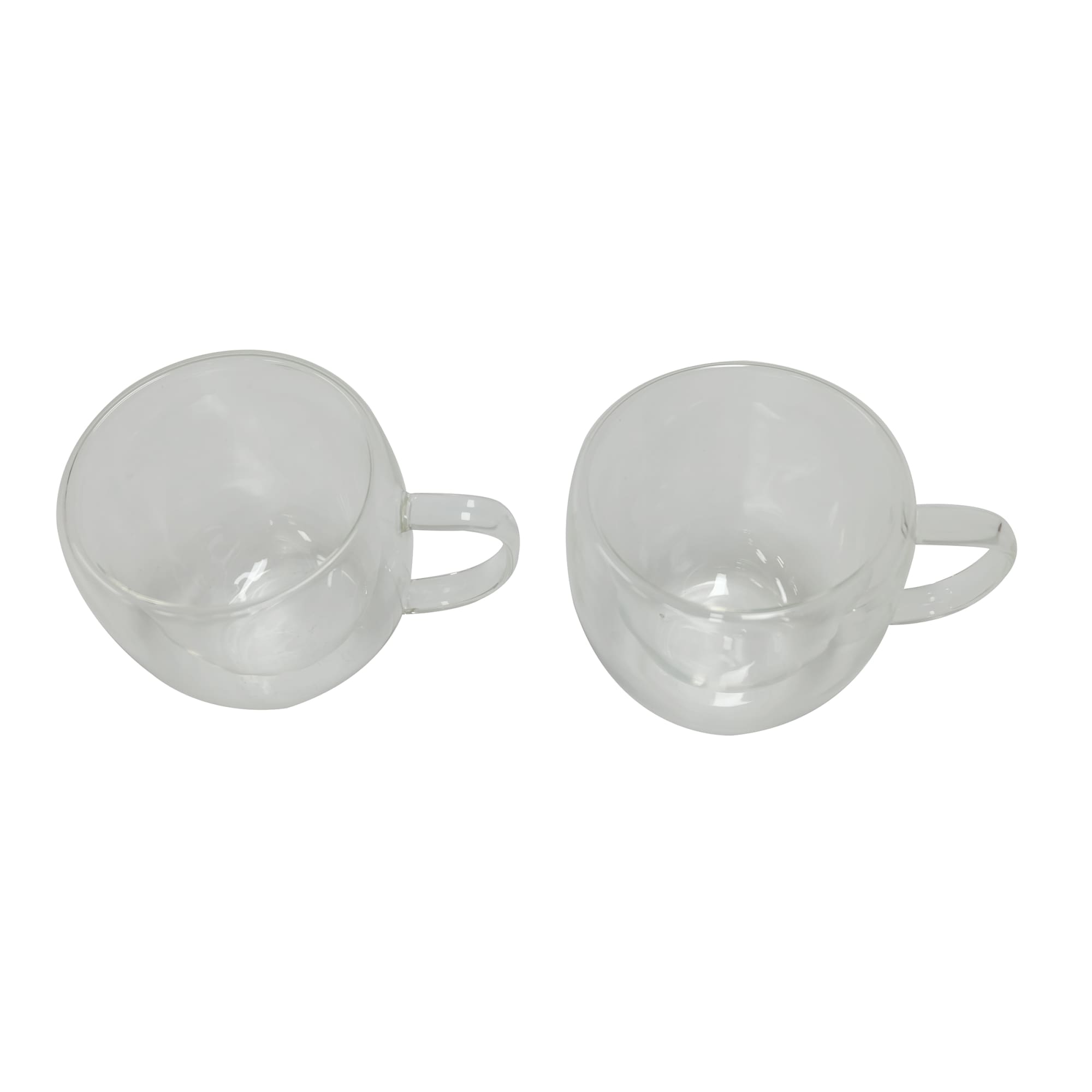 A pair of clear double wall glass mugs with handles, featuring a simple and elegant design. Double Wall Glass Mug - Image 1